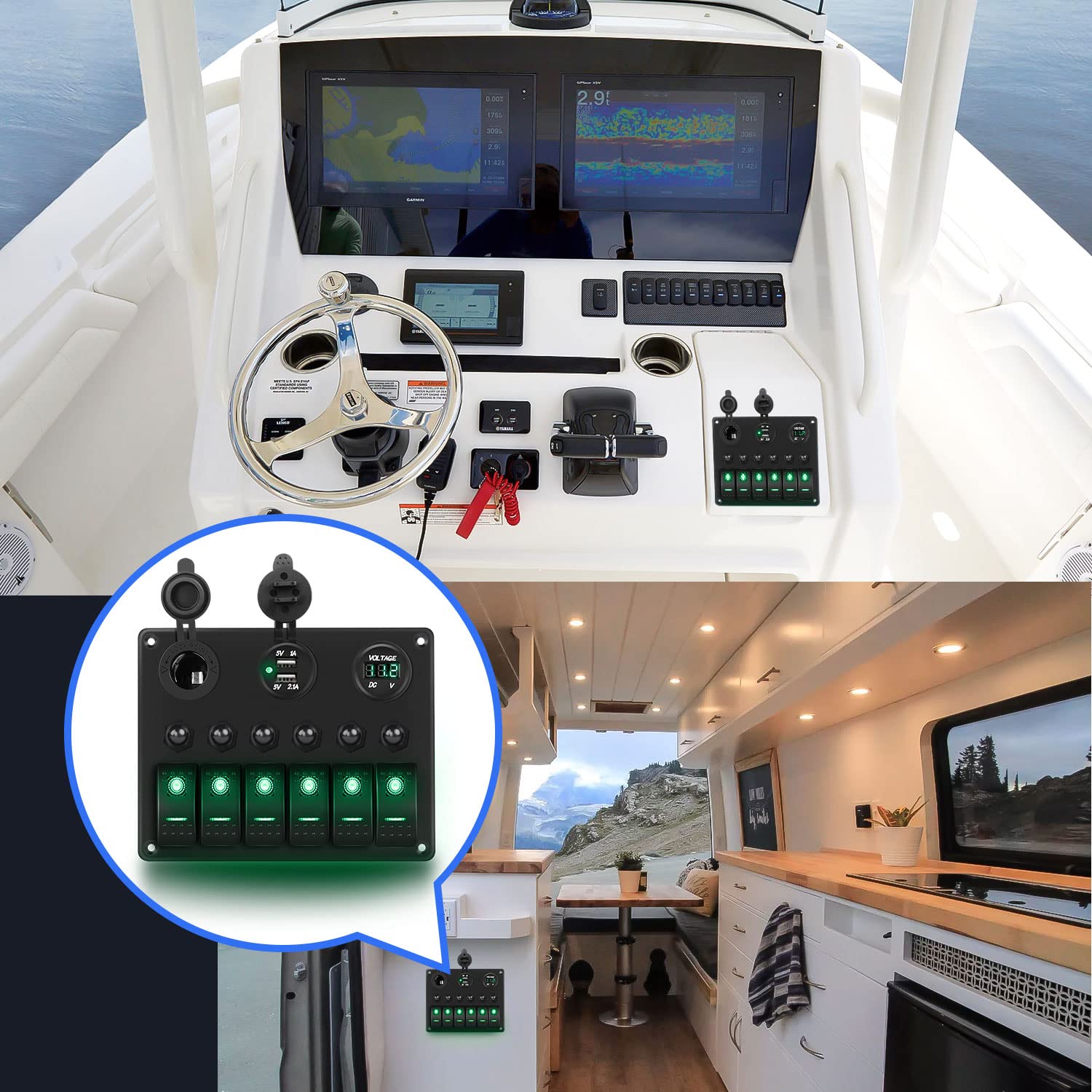 Detalle 2 de Nilight 90123F 6-Gang Rocker Switch Panel (Green Backlit) with Dual USB Charger, Digital Voltmeter & Overload Protection