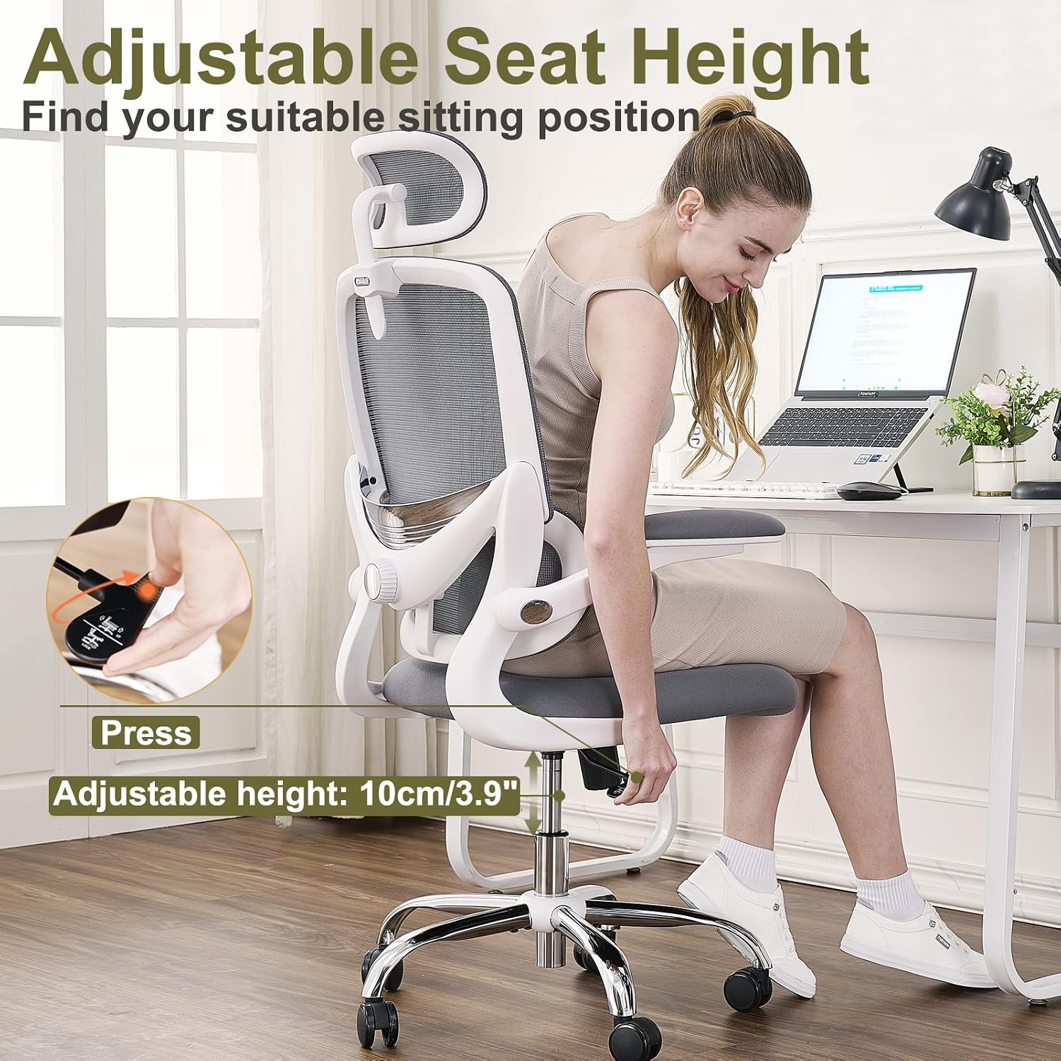 Thumbnail 6 de TONFARY Ergonomic Office Chair (High Back Mesh) with Adjustable Lumbar, Flip-Up Arms & Removable Headrest – White + Grey