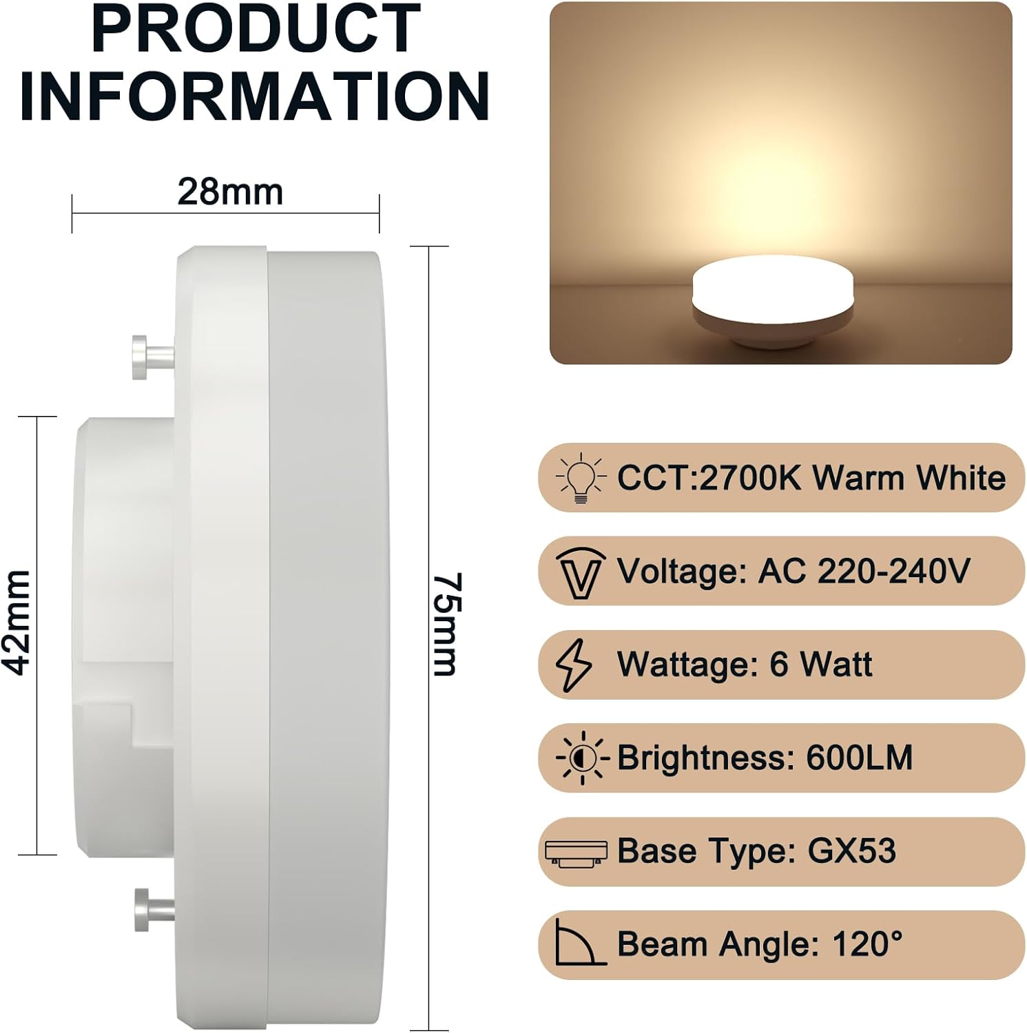 Detalle de HCFEI GX53 LED Leuchtmittel 6W 230V warmweiß 2700K – flaches GX53 Spotlight-Licht