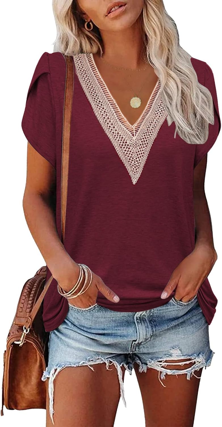 Detalle de Famulily Women's Lace Trim V Neck T-Shirts: Short Petal Sleeve Top for Summer