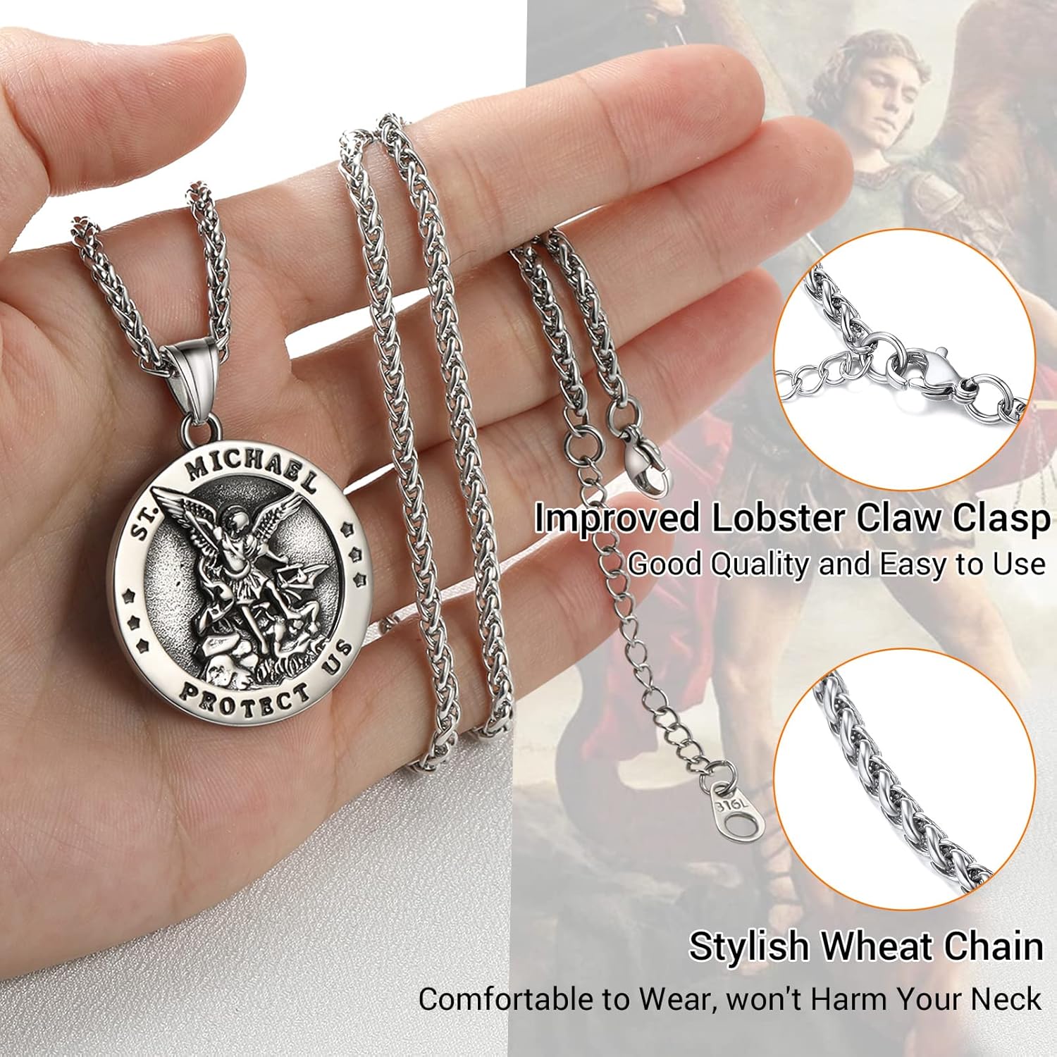Thumbnail 1 de PROSTEEL Collier pendentif Saint Michel en acier inoxydable 316L et argent 925