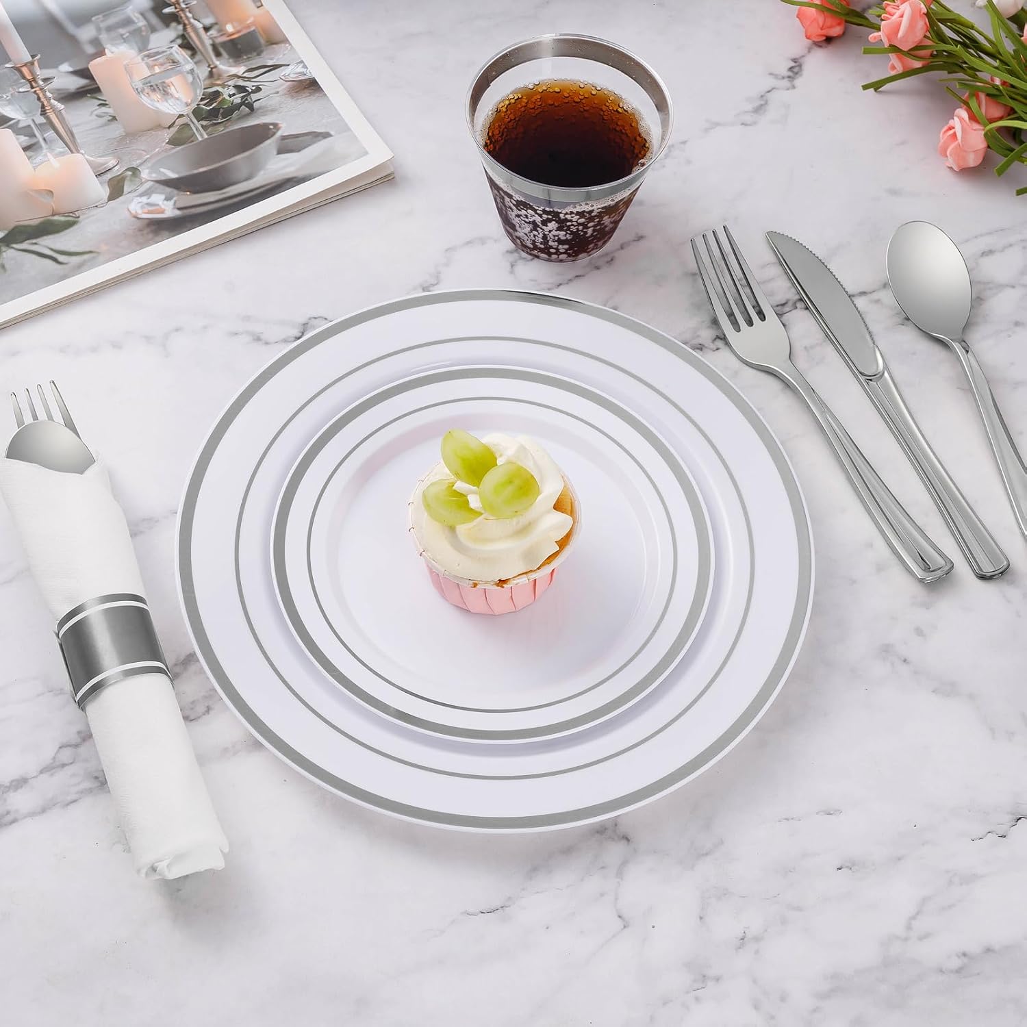 Thumbnail 6 de Goodluck 100 Pack Pre-Rolled Silver Plastic Cutlery Set with Napkins
