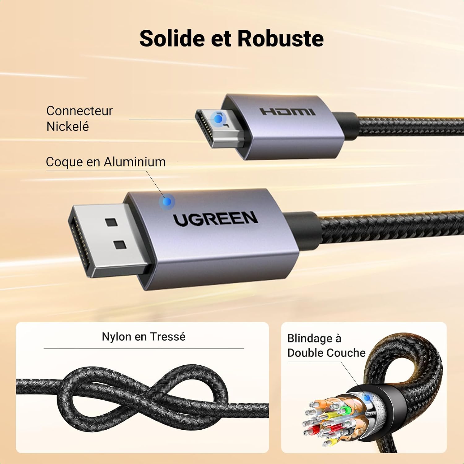 Detalle de UGREEN DisplayPort-naar-HDMI-kabel, 4K@30Hz, 2K@60Hz en nylon gevlochten