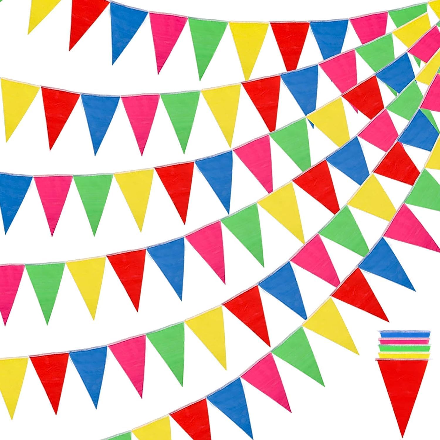 Detalle de XXL 100 Meter Wimpelkette bunt – Girlande für Garten & Party (Innen & Außen)