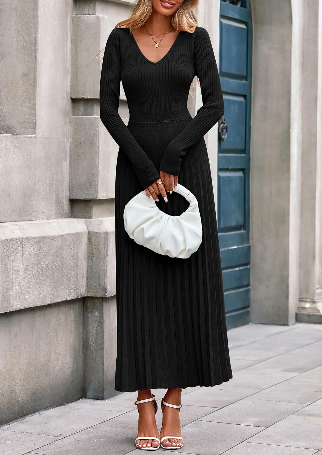Thumbnail 3 de PRETTYGARDEN Long Sleeve Maxi Sweater Dress, Ribbed Knit, V-Neck, Pleated A-Line