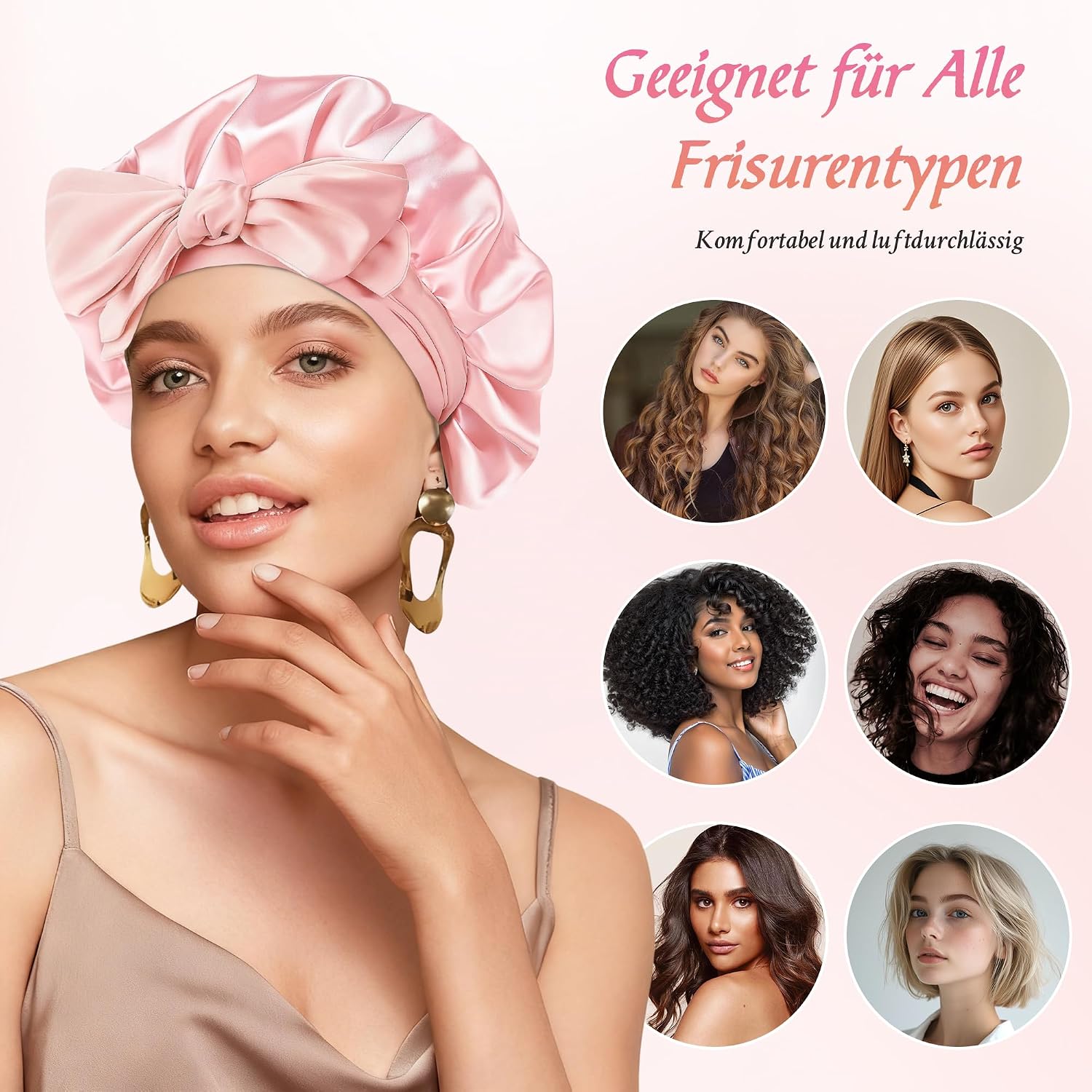 Detalle de 2er Set Seidenhaube zum Schlafen mit 2 Haargummis – Verstellbare Satin Haarhaube mit Elastikbund