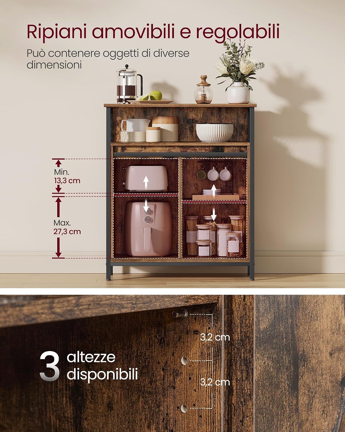 Thumbnail 4 de VASAGLE Credenza Daxton: Mobile da Cucina con anta scorrevole, 30 x 70 x 80 cm, marrone vintage e nero inchiostro