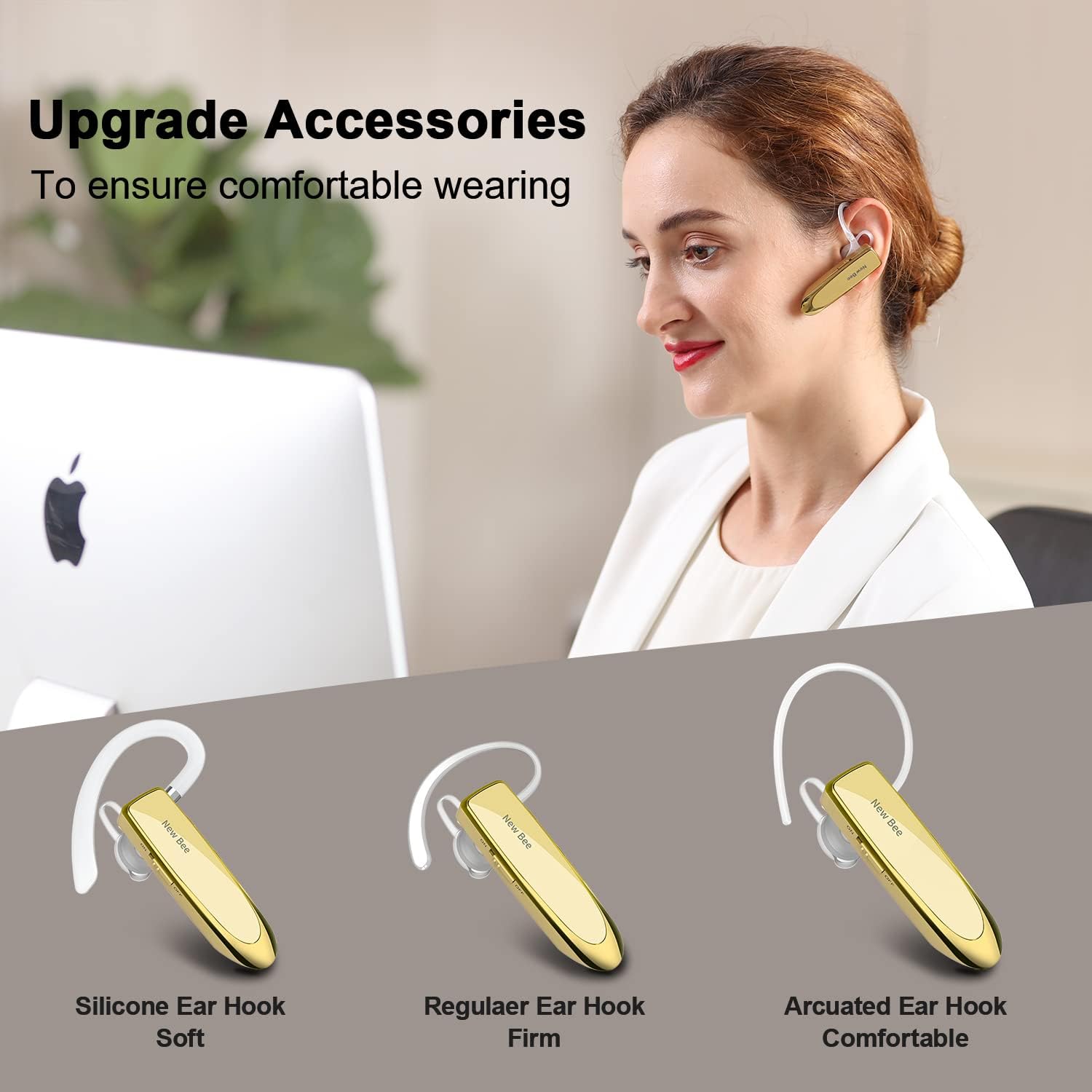 Detalle 2 de New Bee Bluetooth Earpiece Handsfree Headset (Clear Voice, CVC 6.0, 24hrs talk) with clip & case