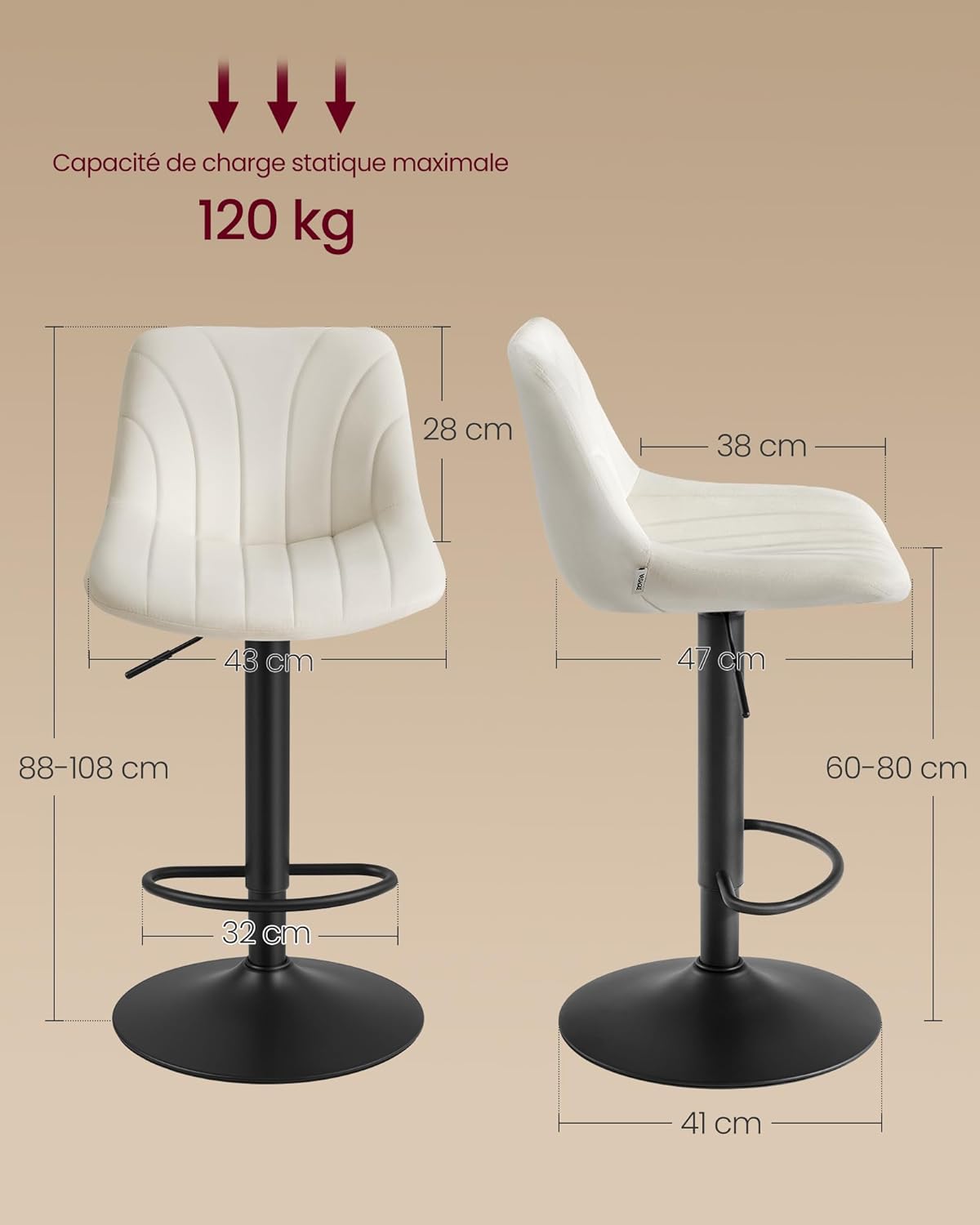 Thumbnail 1 de VASAGLE Tabourets de Bar avec Dossier – Hauteur Réglable, Rotation à 360°, Velours Blanc Crème (Lot de 2) LJB161WD01