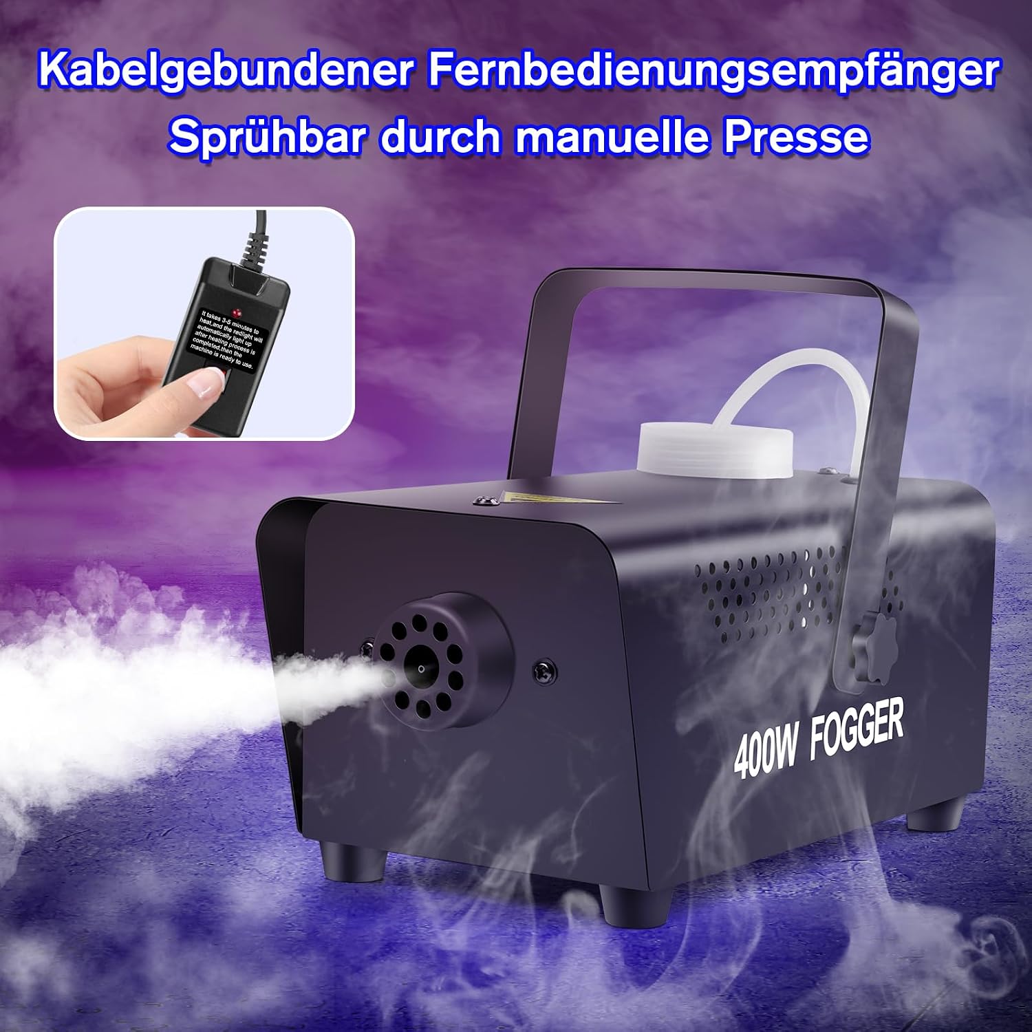 Detalle de Littleboyny 400W Nebelmaschine – kompakte Rauchmaschine mit 300 ml Tank, 2 kabelgebundene und Funkfernbedienungen