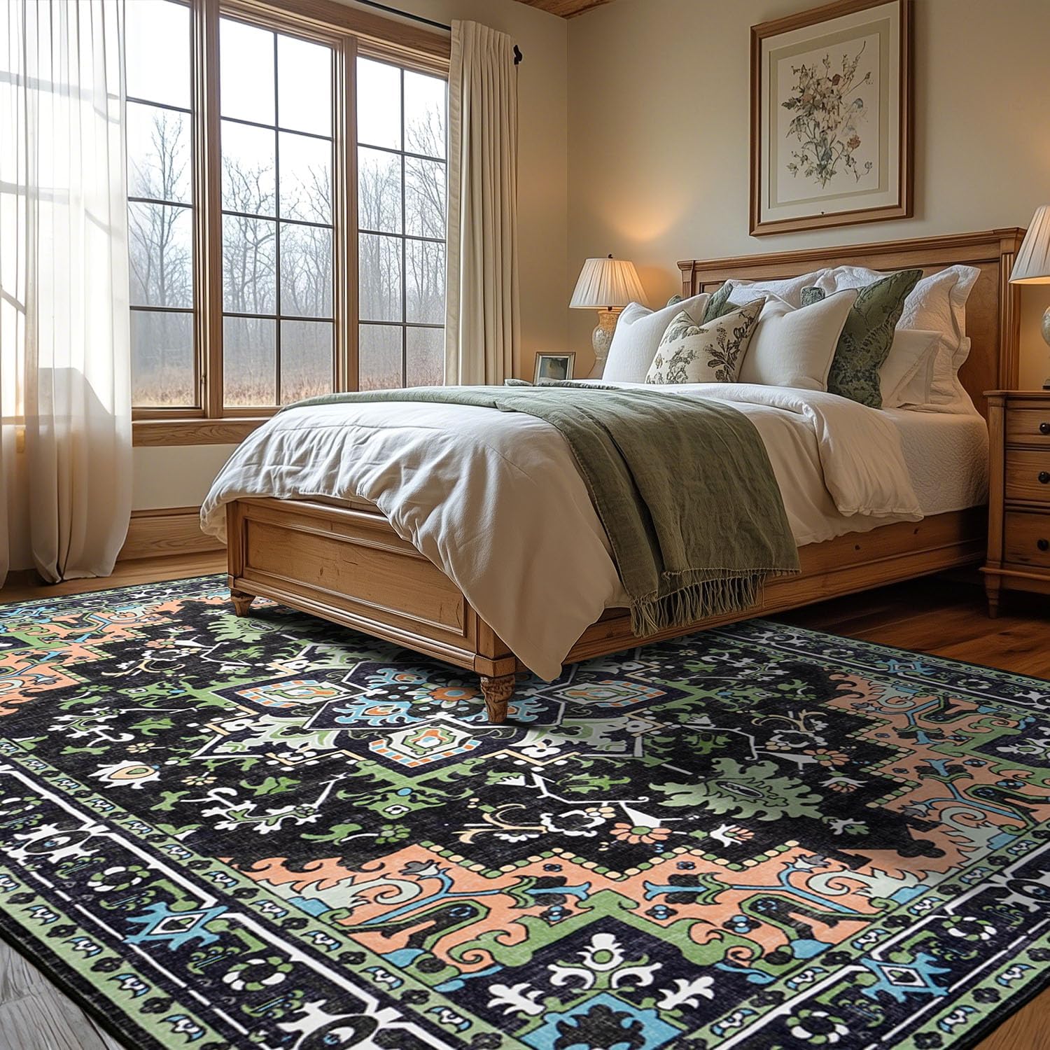 Thumbnail 2 de 5x7 Vintage Floral Washable Area Rug with Non-Slip Backing — Dark Green