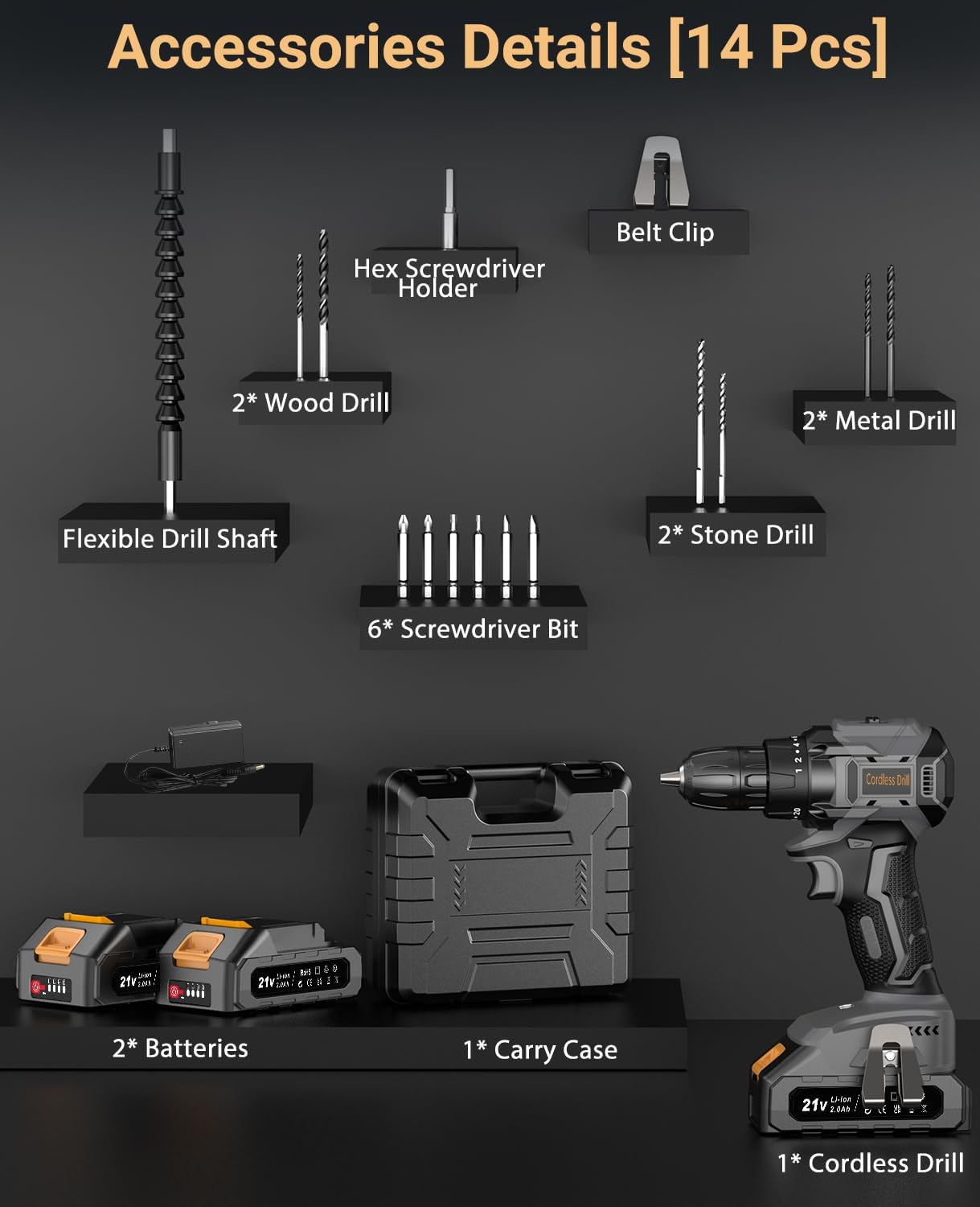 Thumbnail 6 de DYJPOW Brushless Cordless Drill Driver 21V (with 2 x 2000mAh batteries) – 45N.m, 20+1 torque, 2-speed kit