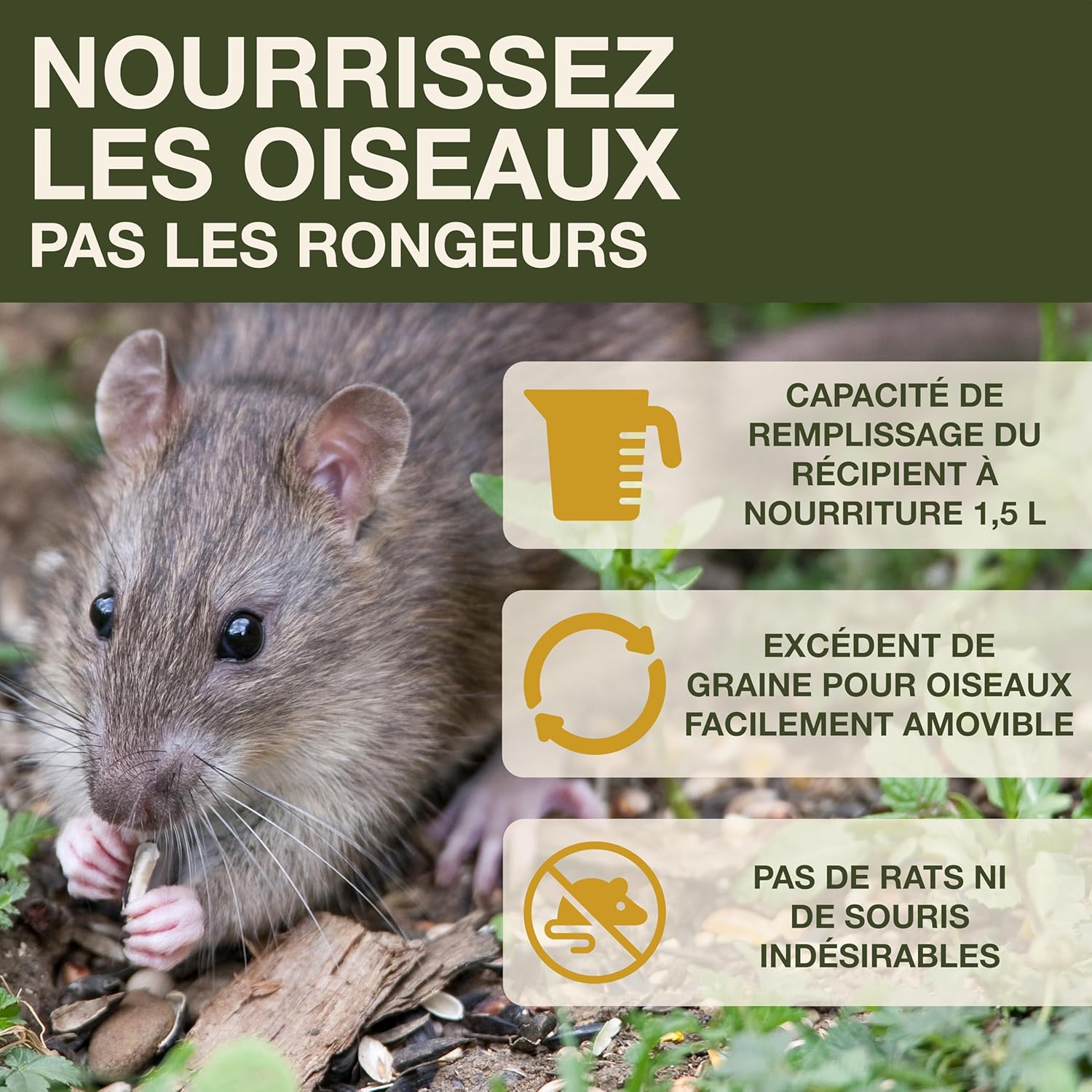 Detalle de SWISSINNO Mangeoire Oiseaux Extérieur Davos Smart Birds — anti-rats, plateau récupérateur et double compartiment