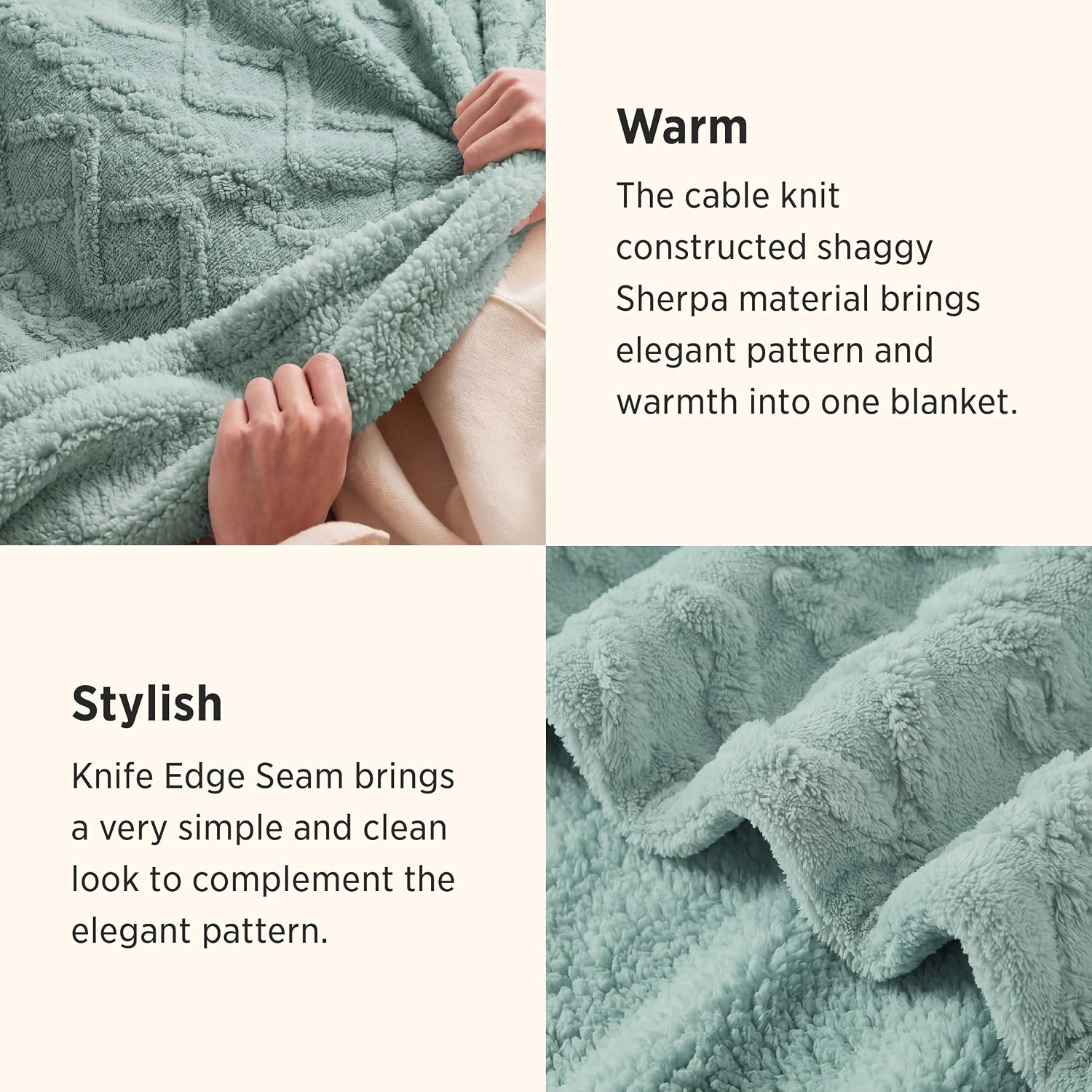 Detalle de Bedsure Sherpa Fleece Blanket, Queen 90x90 Inches, Sage Green Cable Jacquard