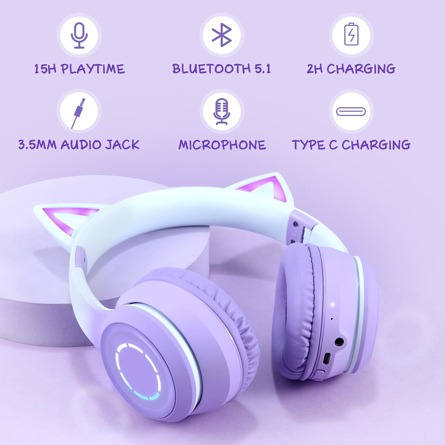 Detalle de Sendowtek Casque sans Fil pour Enfant avec Microphone Intégré et LED RGB — Bluetooth 5.1 Violet