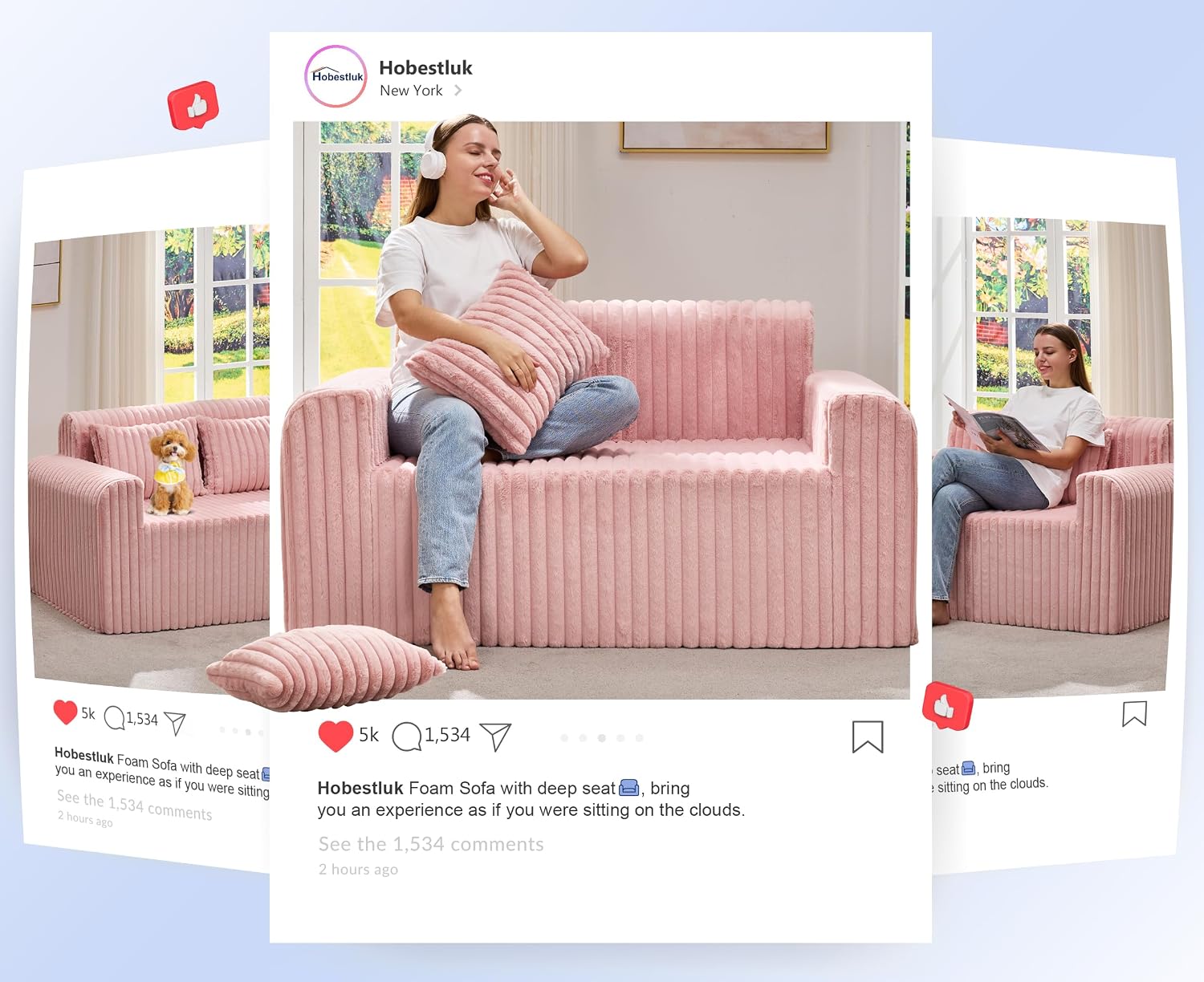 Detalle de Hobestluk NEW038-PINK-CA Foam Loveseat with Faux-Fur Fabric and 2 Pillows