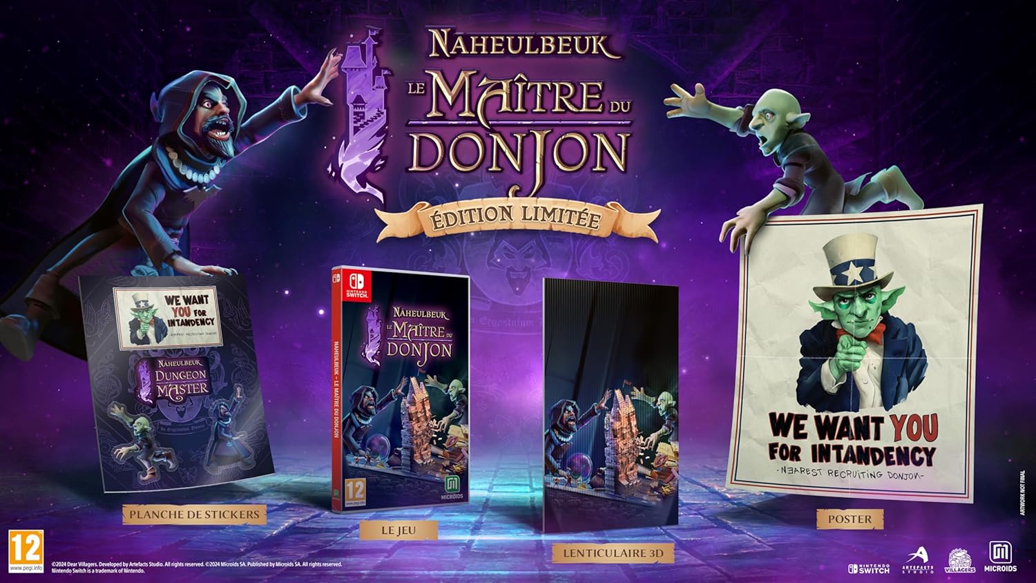 Thumbnail 1 de NAHEULBEUK – Le Maître du Donjon (édition limitée) sur Switch : le pack avec stickers, lenticulaire 3D et poster