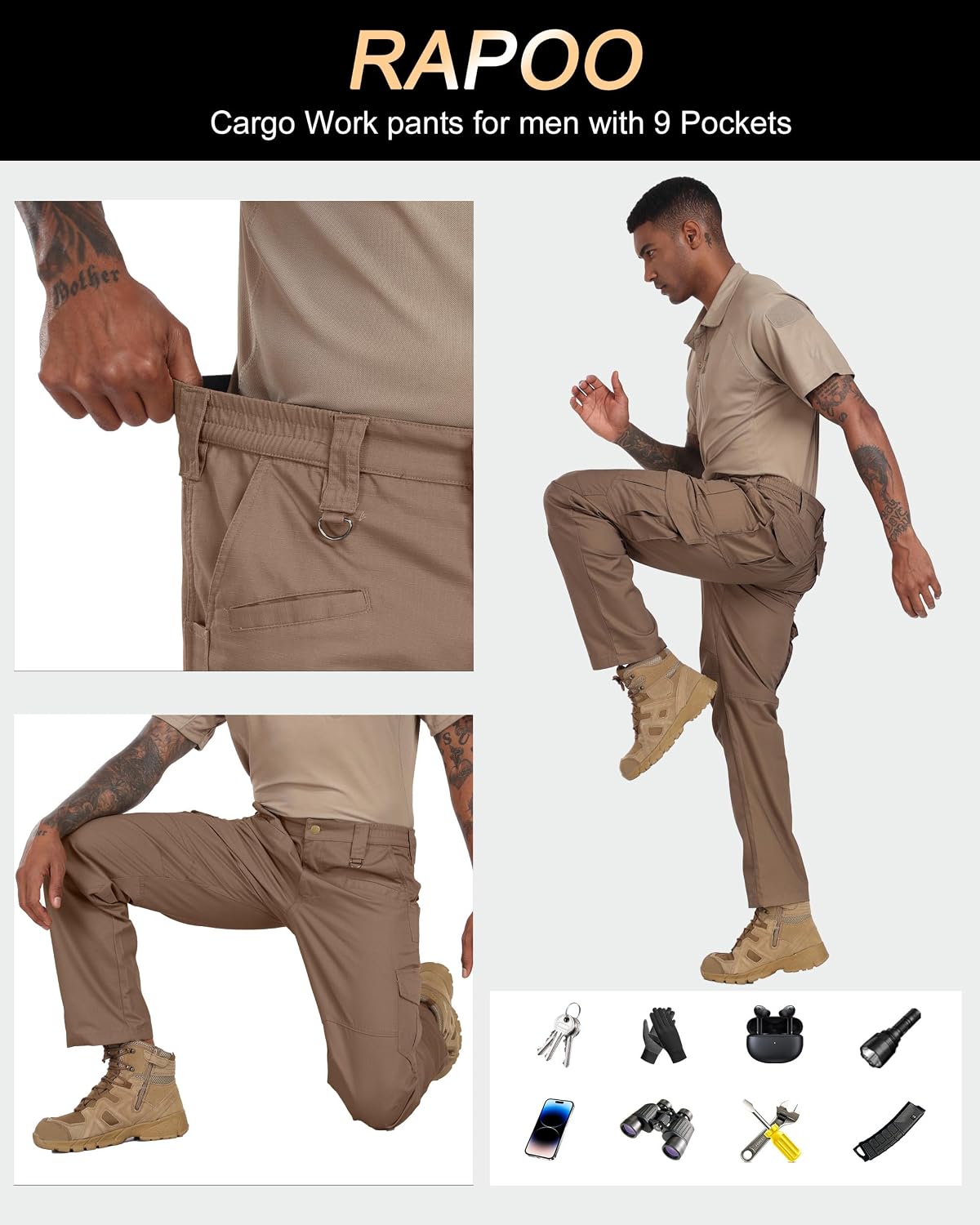 Detalle de Rapoo Ripstop Water-Resistant Cargo Tactical Pants for Men (9 Pockets)