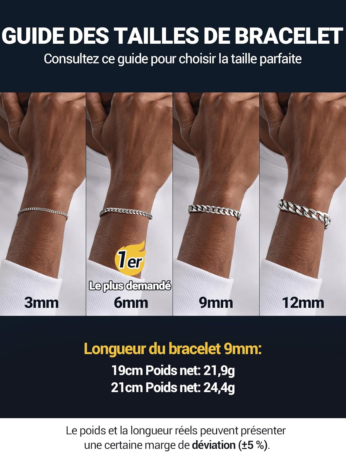 Thumbnail 4 de PROSTEEL Gourmette Homme Femme Chaîne Maillon Cayéin Cubain 3/6/9/12 mm en Acier Inox 316L – Bracelet Bijoux Tendance