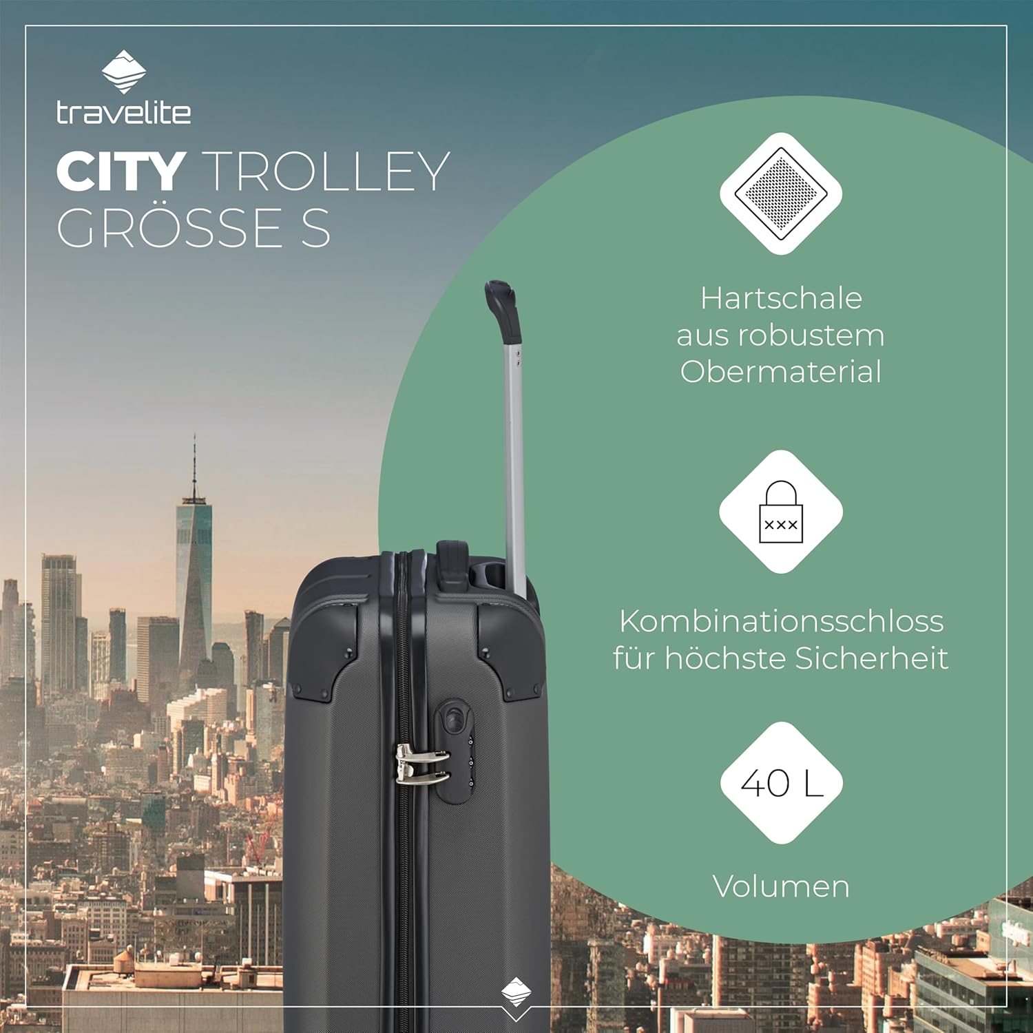 Detalle de Travelite City Handgepäck Trolley klein – 55x40x20 cm, 40 l, 2,7 kg, Hartschale aus ABS