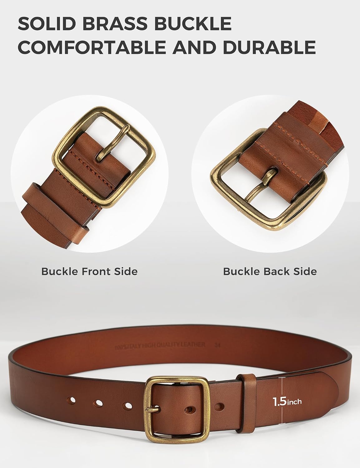Detalle de wolksprong Full-Grain Leather Work Belt, 4mm Thick with Solid Brass Buckle