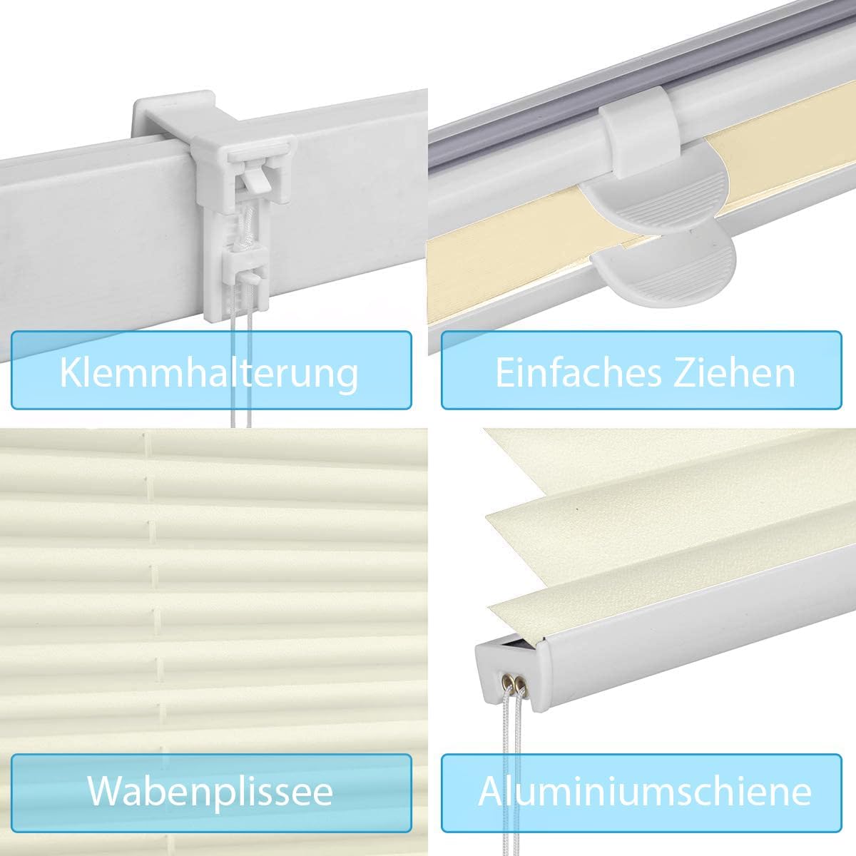 Thumbnail 2 de Sekey Plissee Klemmfix ohne Bohren 110 x 130 cm (110 cm breit), beige – Sichtschutz für Tür & Fenster