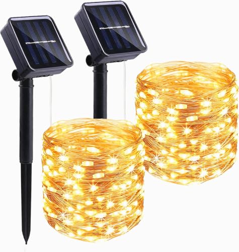 Detalle de HELANYE Guirnalda LED Solar Exterior 2-Pack 15M con 8 Modos, IP65, Luz Blanca Cálida para Jardín y Eventos