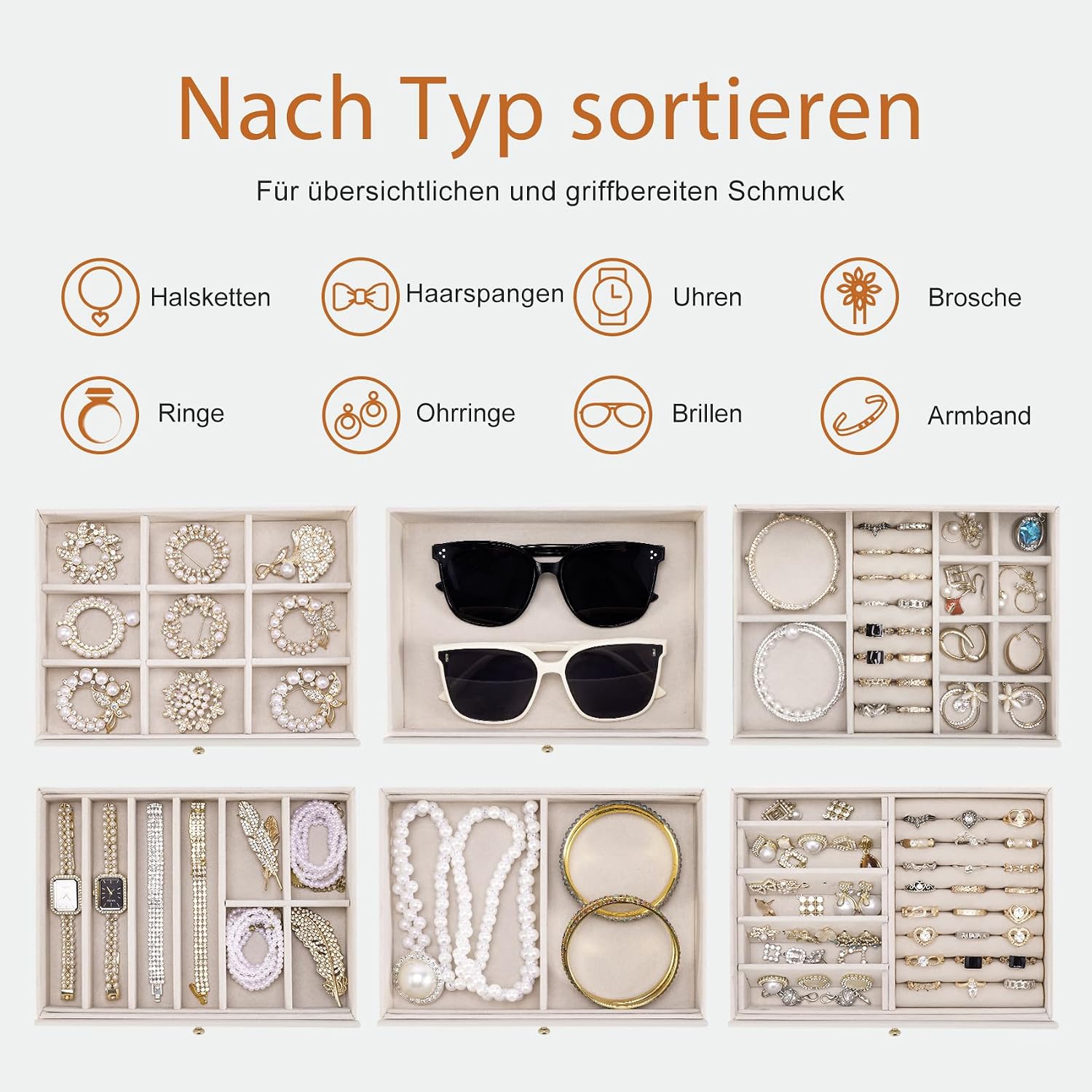 Detalle de Dajasan Groß Schmuckaufbewahrung – 6 Ebenen Schmuckkästchen mit Spiegel, Ledertextur und Doppeltür (Beige)