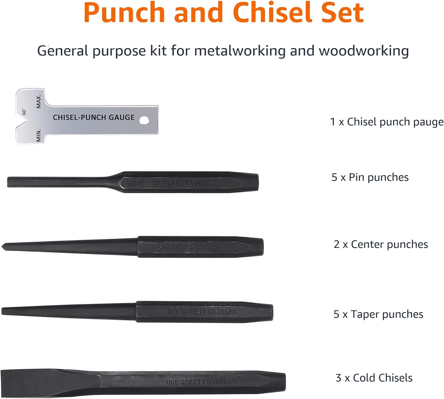 Detalle de Amazon Basics Stabiles Locher- und Meißel-Set aus Chrom-Vanadium-Stahl (16-tlg.)