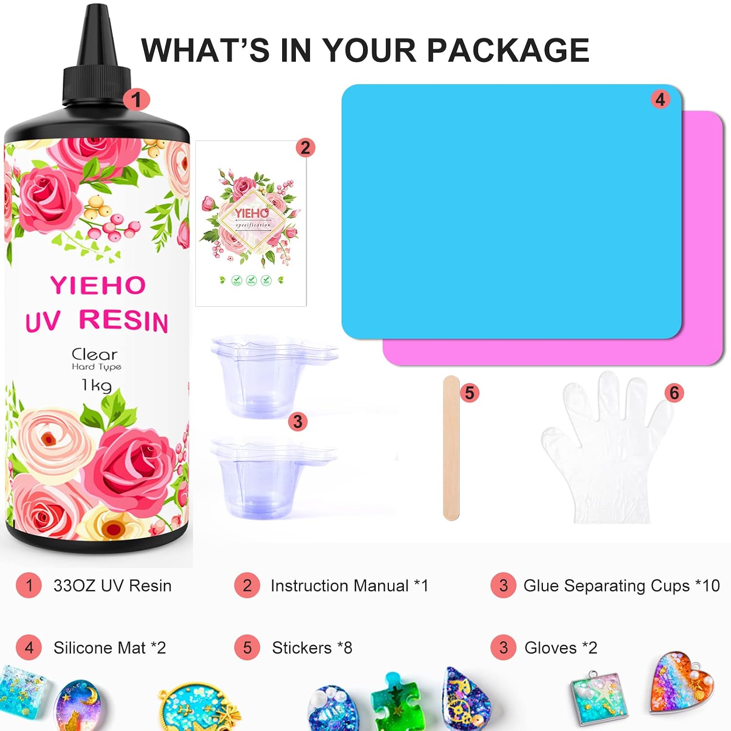 Thumbnail 6 de YIEHO Kit de résine UV époxy cristal clair 1 kg (1000 g) pour bijoux artisanaux