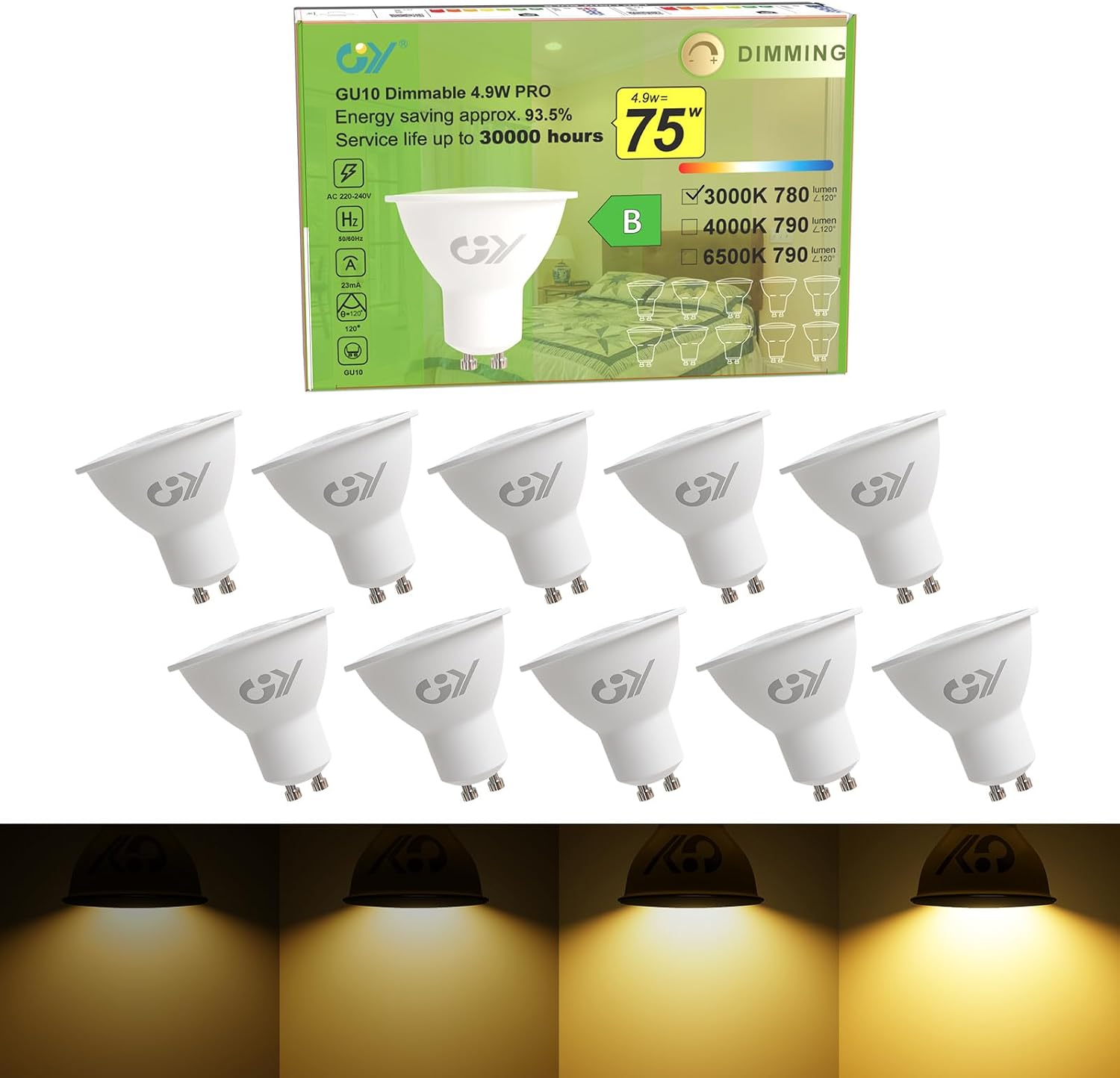 Detalle de GY GU10 dimmbare LED-Lampe, 4,9 W warmweiß (3000 K) – ersetzt 75 W, 120° Abstrahlwinkel, 10er-Pack