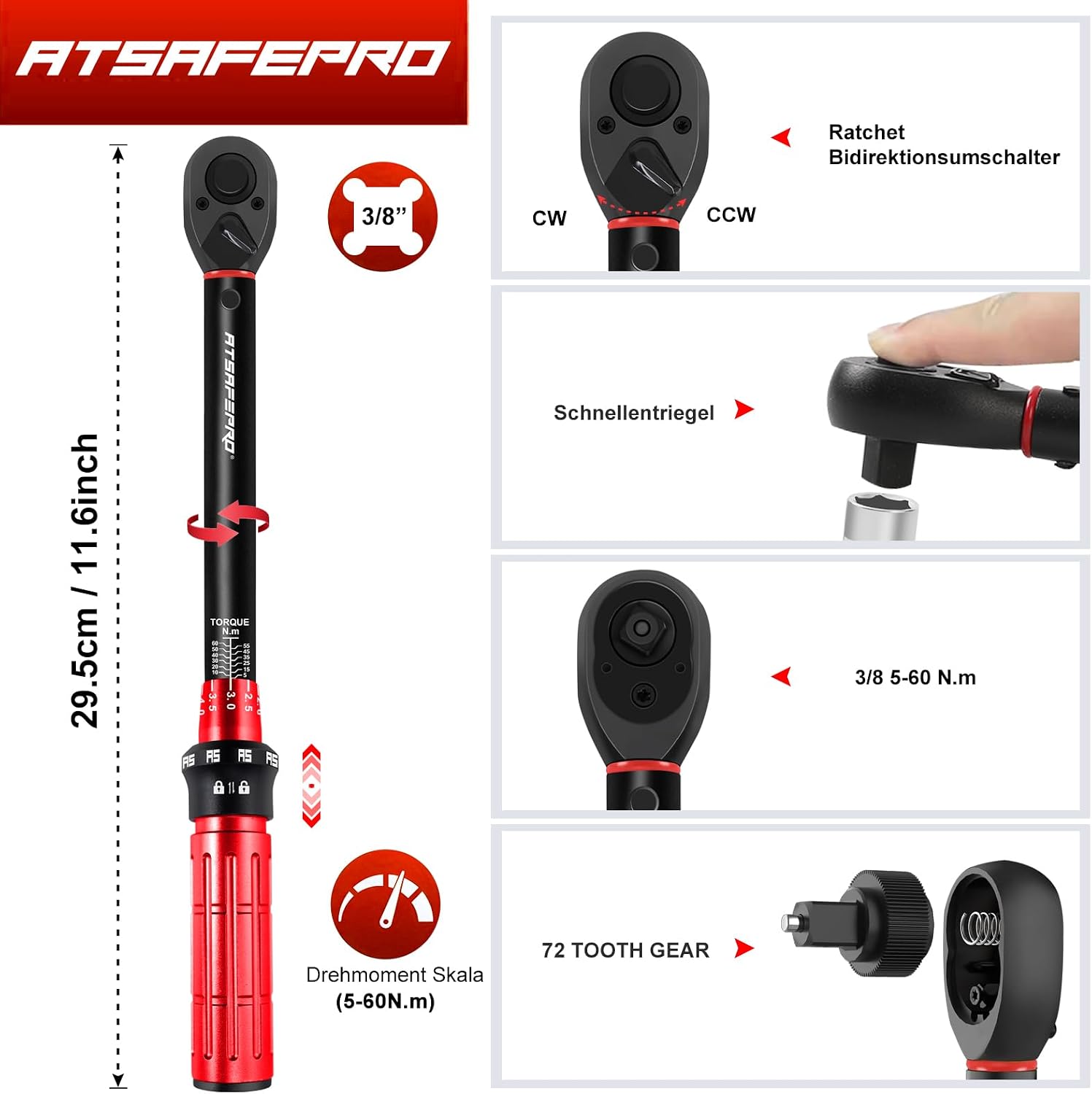 Detalle 2 de ATsafepro Drehmomentschlüssel 3/8" 5–60 Nm ⛏