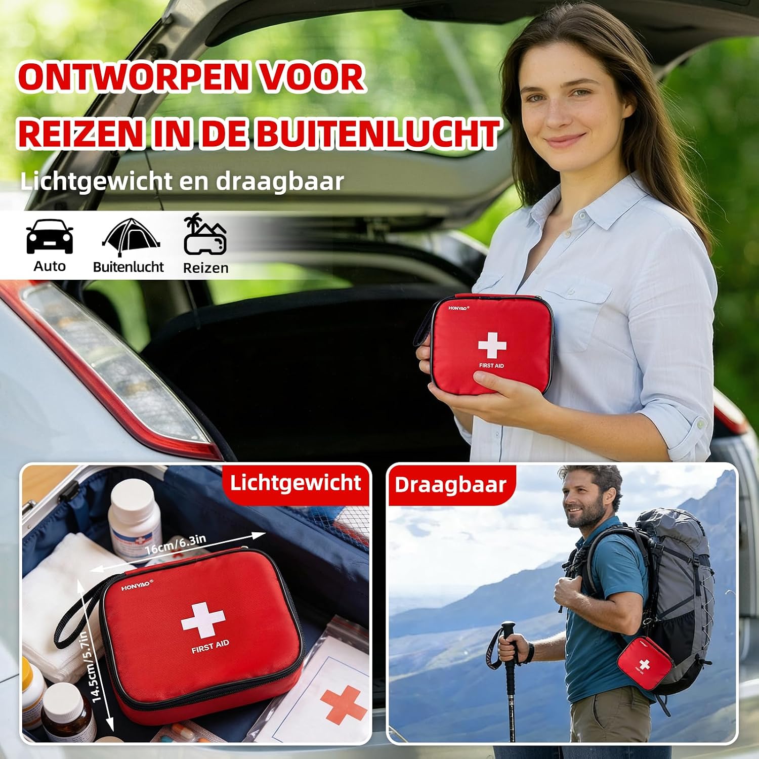 Detalle 2 de HONYAO Mini EHBO-set, 125-delig met compact formaat en waterdichte rits