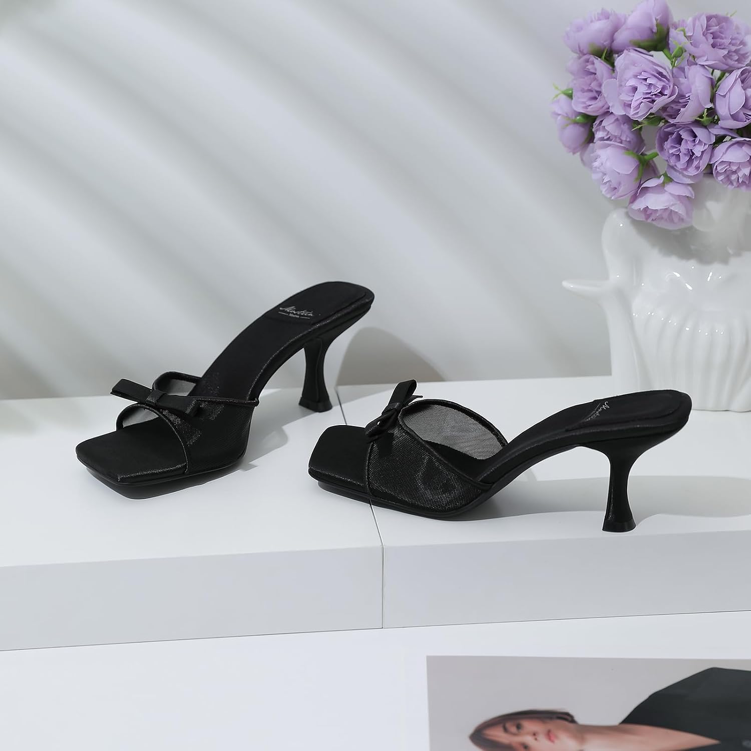 Detalle 2 de Mostrin Kitten Heels for Women: Round Toe Bow Mules, 3-Inch Open-Toe Backless Sandals