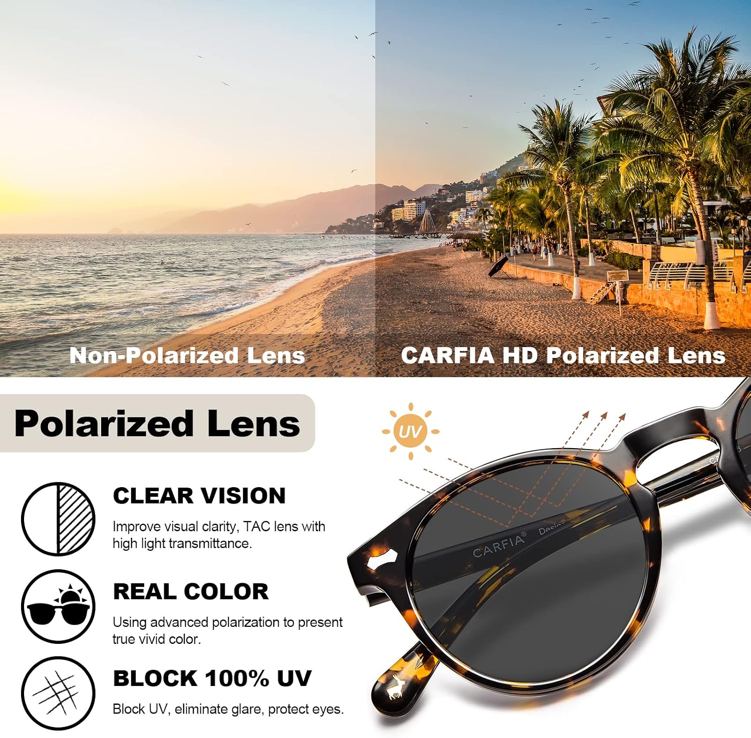 Thumbnail 4 de CARFIA Polarised Womens Sunglasses with Vintage Acetate Frame and UV400 Protection