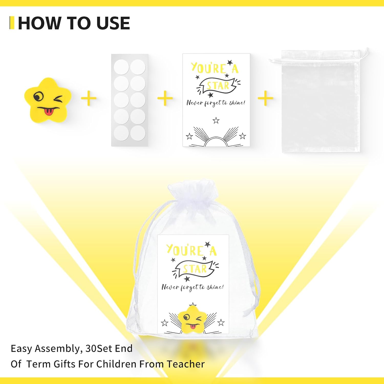 Detalle 2 de 30 Set Gifts for Students from Teachers: Star Eraser Pack with Greeting Cards and Organza Pouches