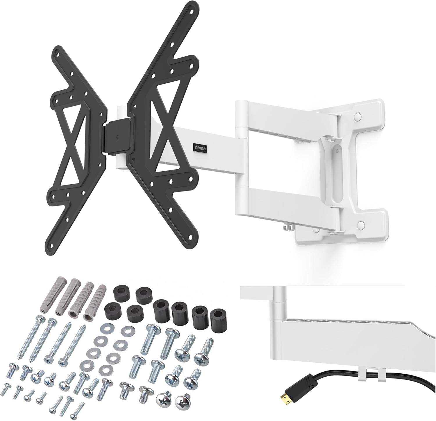 Detalle de Hama schwenkbare & neigbare ausziehbare TV-Wandhalterung für 32–65 Zoll (VESA 100×100 bis 400×400, bis 35 kg) schwarz-weiß