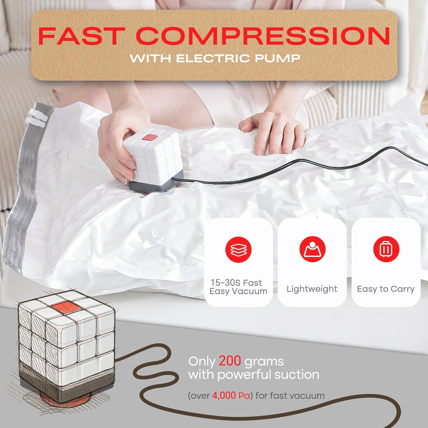 Detalle de Vacbird Vacuum Storage Bags (8 Pack) with Electric Air Pump – Reusable Space Saver Bags for Clothes