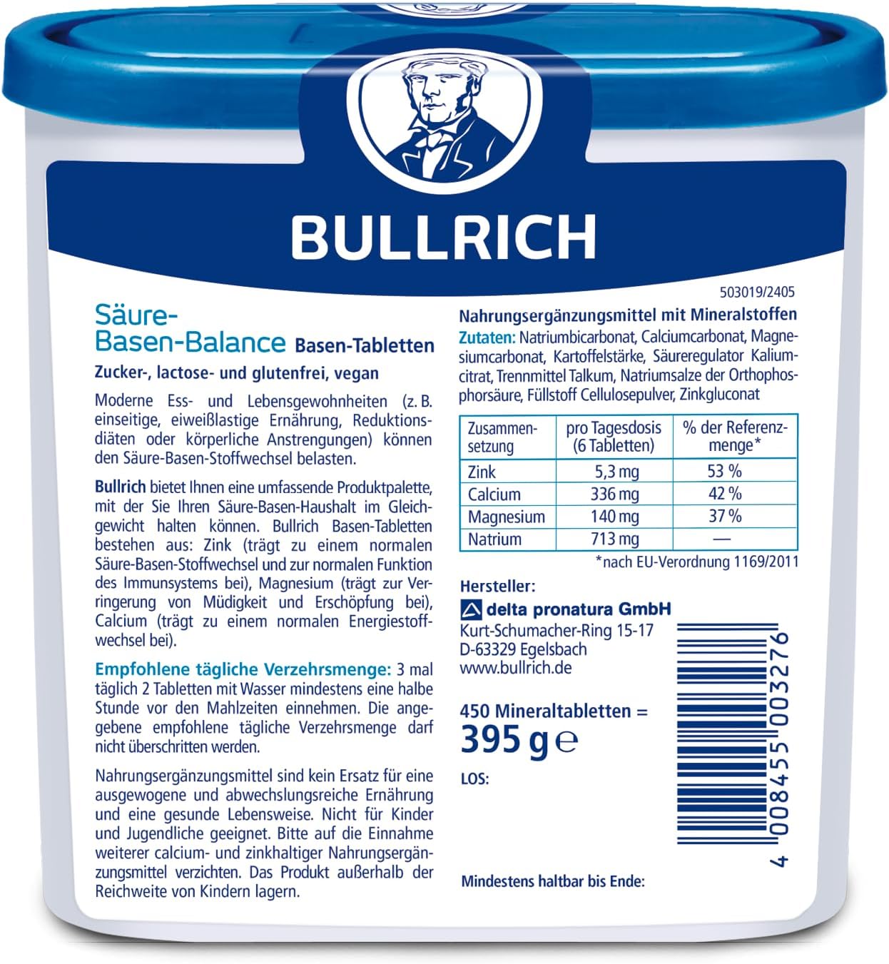 Detalle de Bullrich Säure-Basen-Balance Basentabletten 450 Stück – vegan, mit Zink