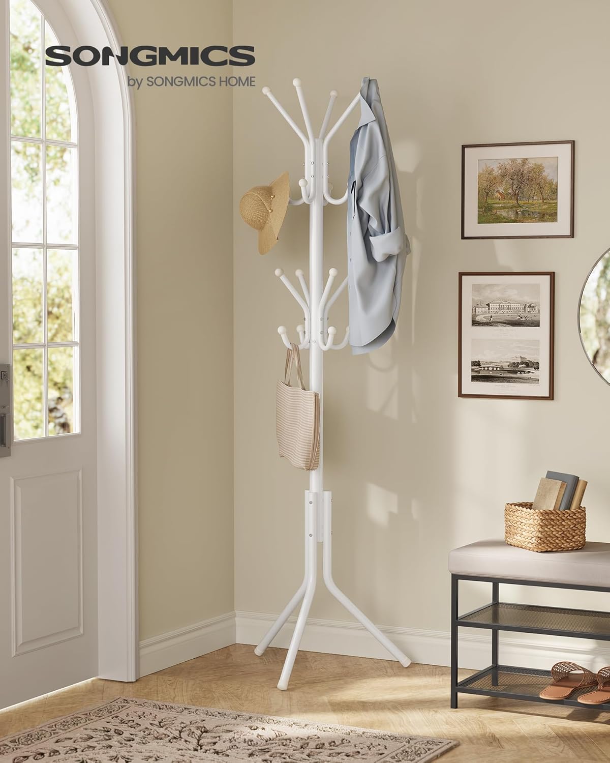 Detalle 2 de SONGMICS Appendiabiti da terra RCR081WC01 bianco nuvola con 16 ganci, altezza 175 cm