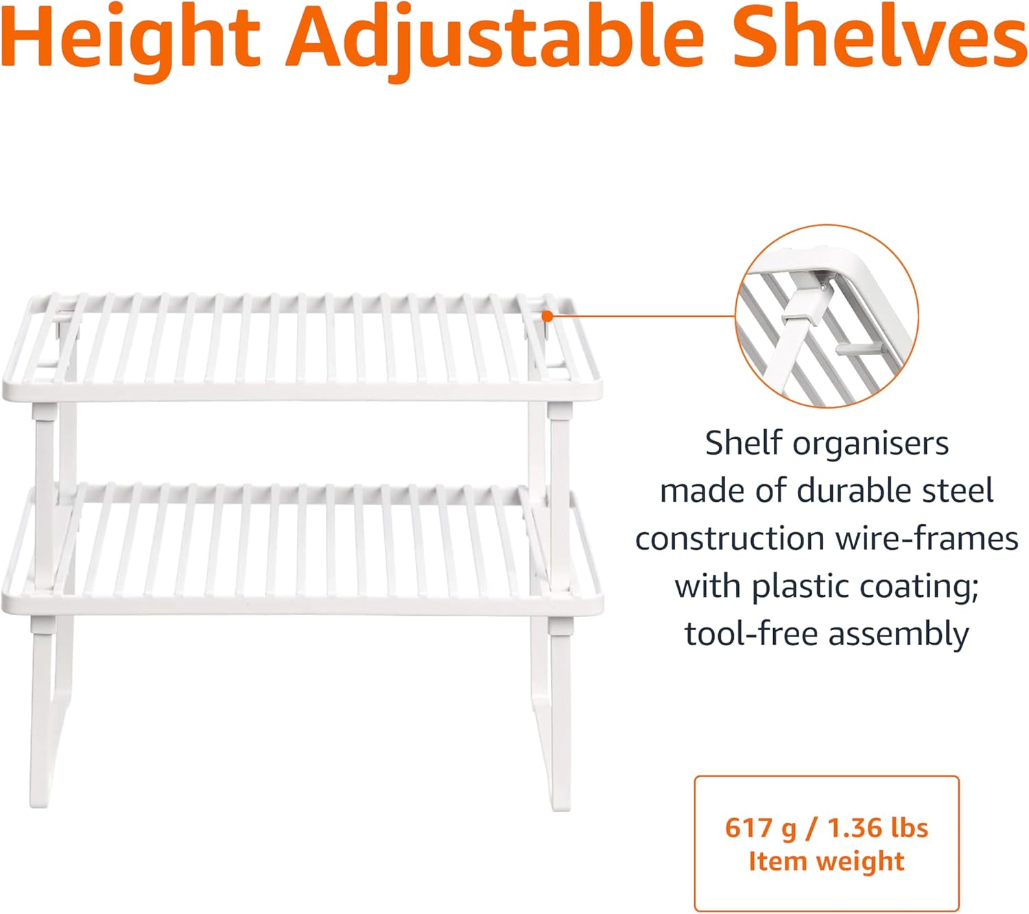 Detalle 2 de Amazon Basics Stackable Kitchen Storage Shelves (Pack of 2) – White, 20.3 x 31.6 x 11.4 cm