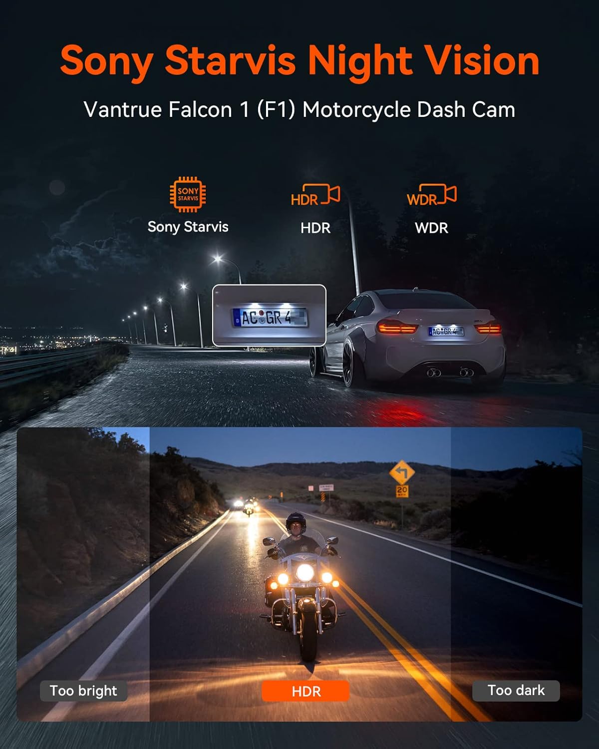 Thumbnail 4 de VANTRUE F1 Motorcycle Camera (4K front + 1080P rear, 5GHz WiFi, GPS, HDR/WDR, IP67, 24H parking mode)