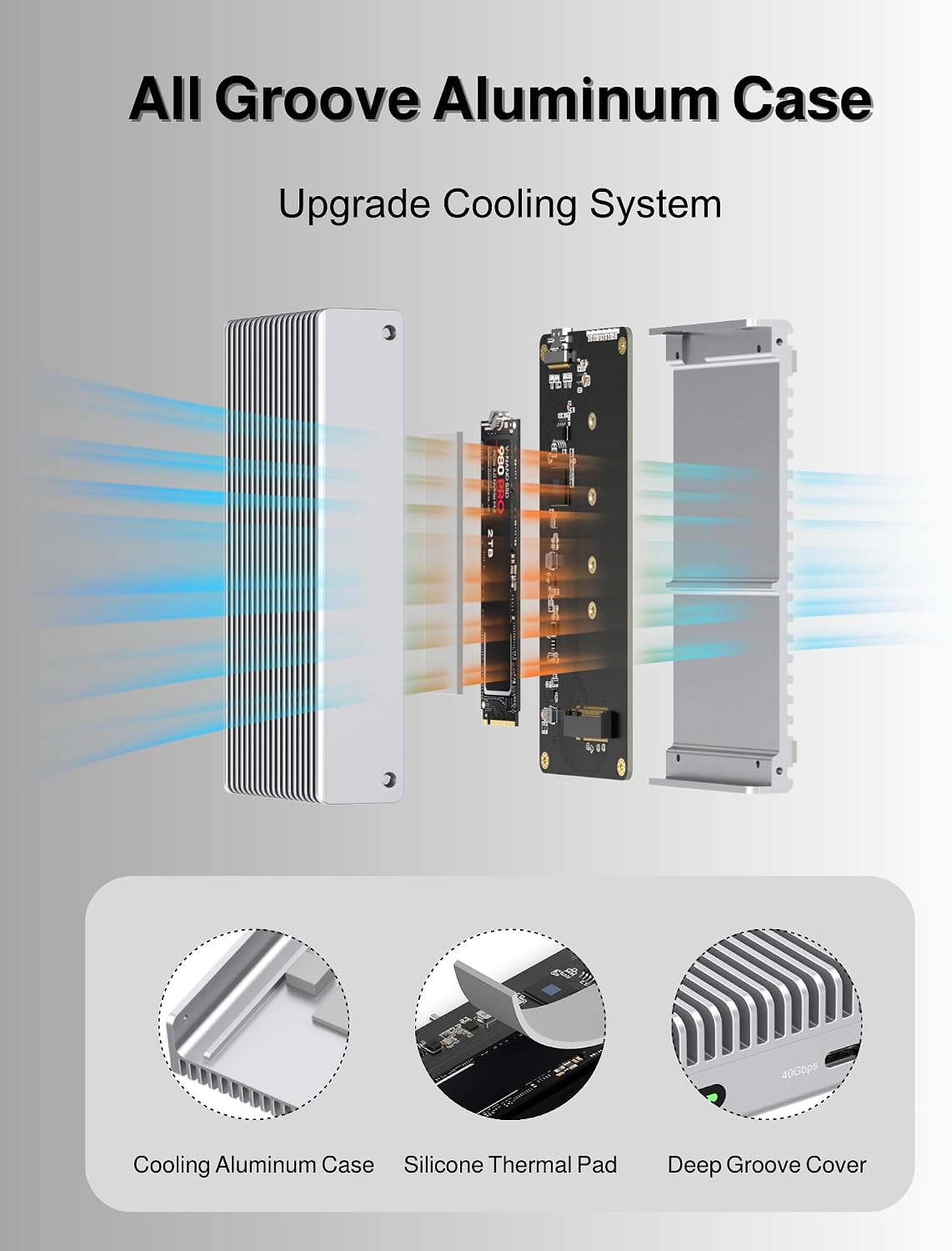 Detalle de GEWOKLIY MC40-Silver: Geräuschloses 40 Gbit/s M.2 NVMe Gehäuse für Thunderbolt 4/3