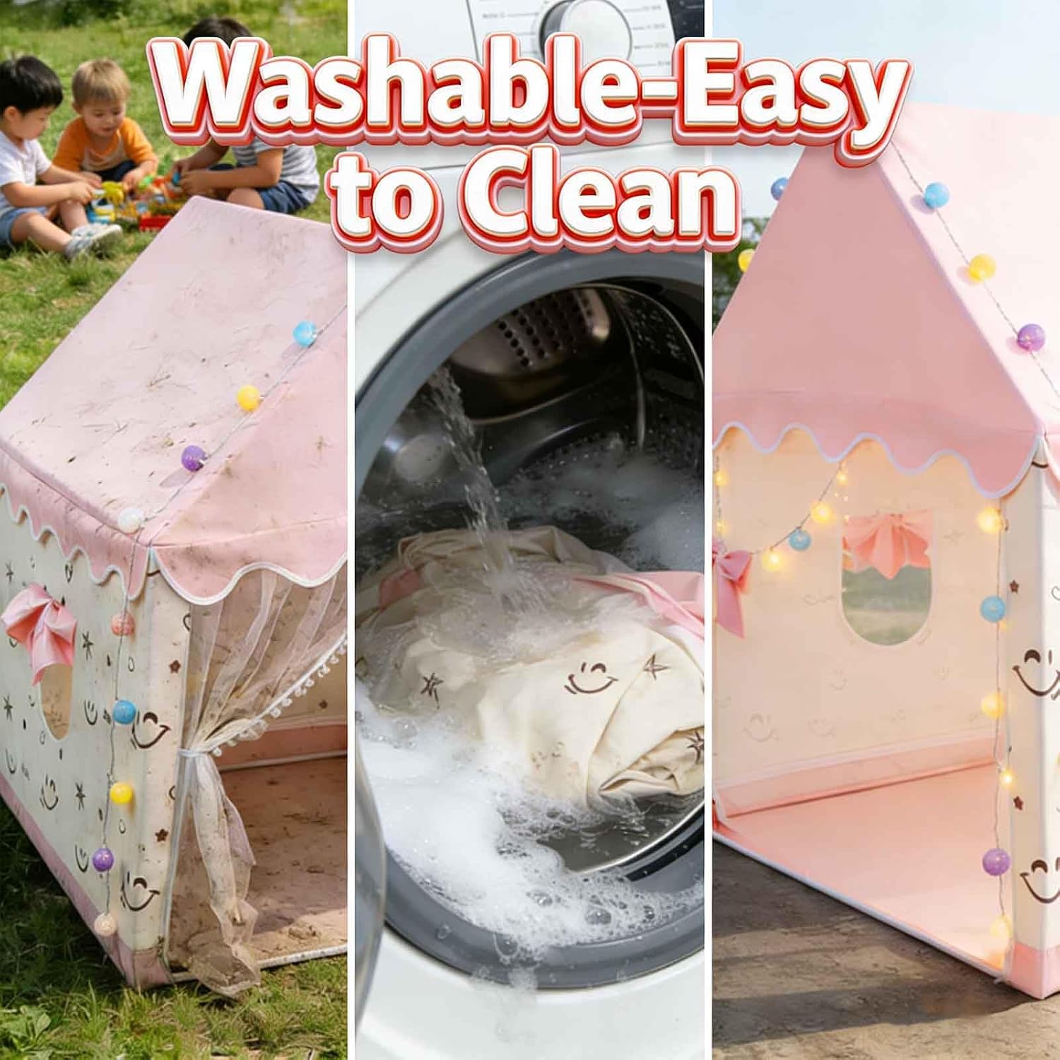 Detalle de eSynic XL-Pink003 kindertent met led-lichtketting en metalen frame