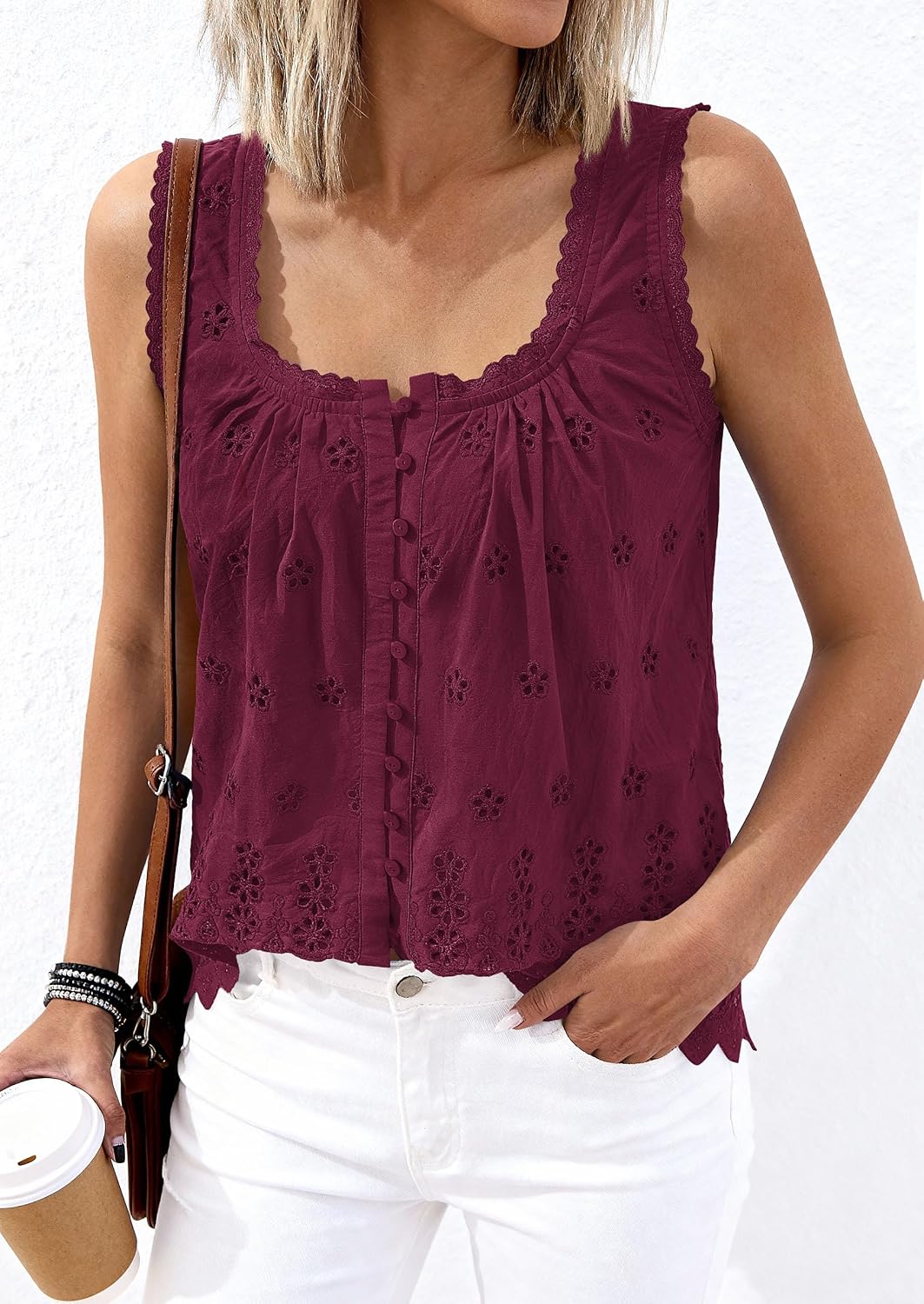 Detalle de PrettyGarden Women's Eyelet Button-Down Tank Top (Summer 2026)