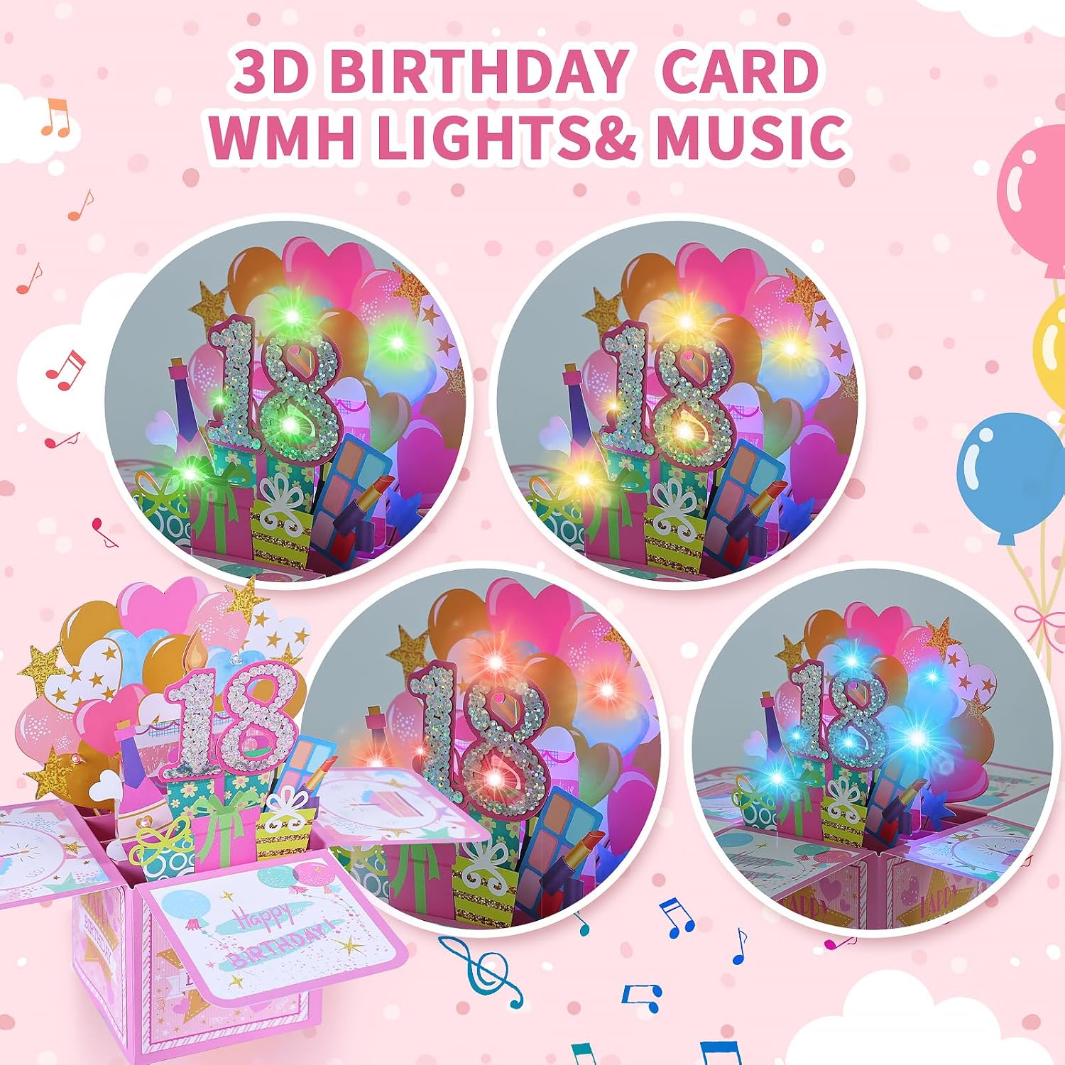 Detalle de Joyoldelf Biglietto Auguri Compleanno 18 Anni - 3D Musicale e Luce, Regalo Donna • Pop Up con Candeline LED