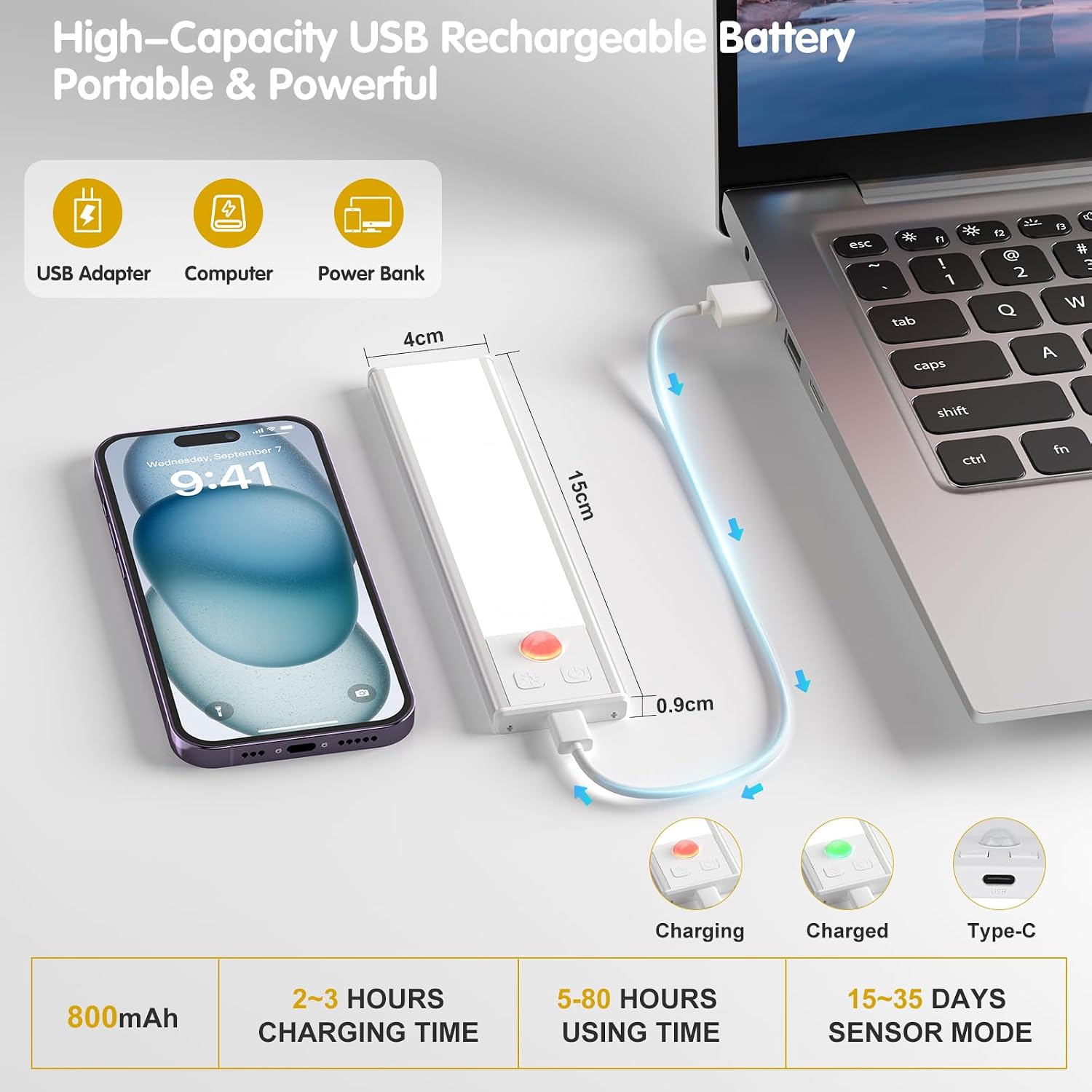 Detalle de Schrankbeleuchtung Unterbauleuchte Küche LED — 3er-Set mit Bewegungsmelder, USB Typ-C, ultradünn