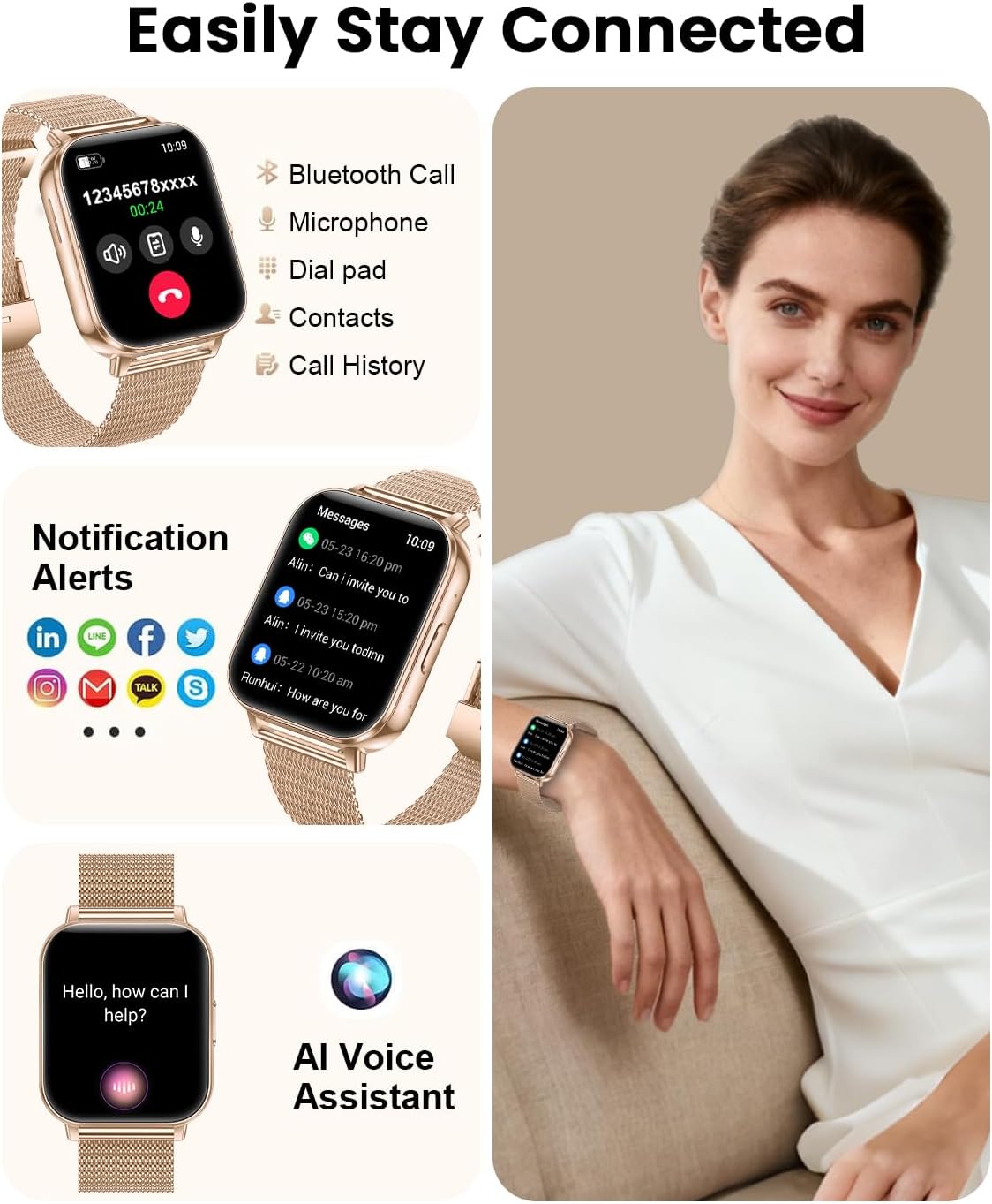 Detalle 2 de Fitoncloud Smart Watches (1000mAh Large Battery) – 1.83" HD, 100+ Sports Modes, Rose Gold