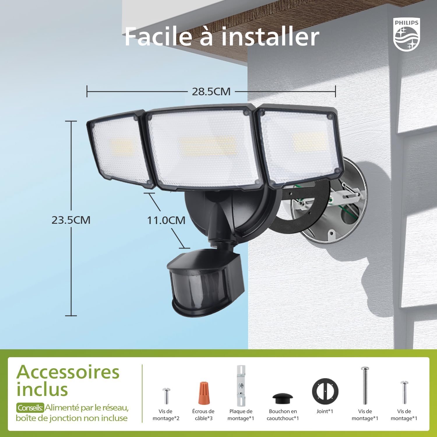 Thumbnail 6 de Philips Sécurité lampe LED 24W avec Détecteur de Mouvement PIR — Éclairage extérieur 3500 lm, 5000K, 3 têtes orientables
