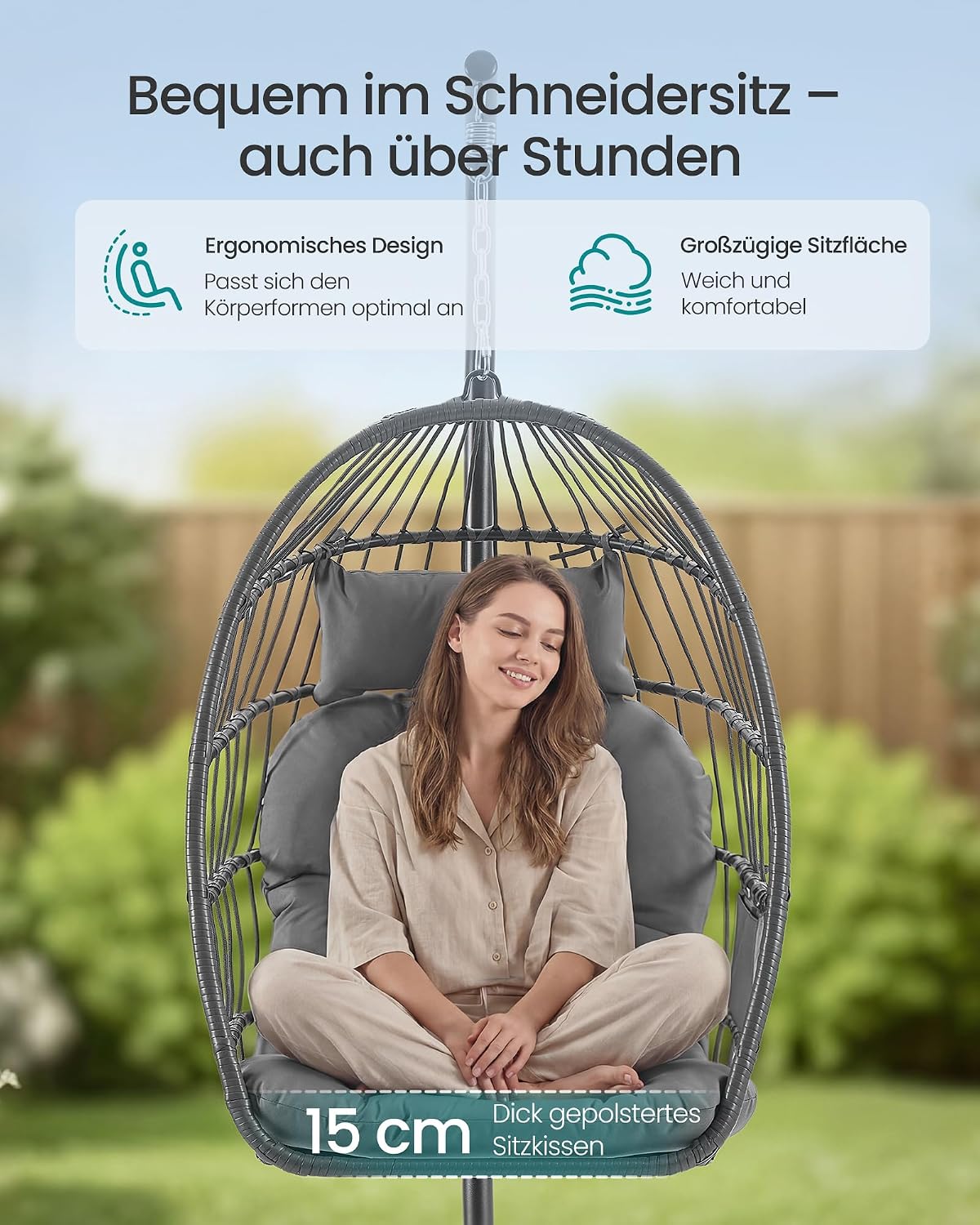 Detalle de SONGMICS Hängesessel mit Gestell GDC050GZ01 – höhenverstellbarer Korbsessel mit abnehmbarem, klappbarem Korb